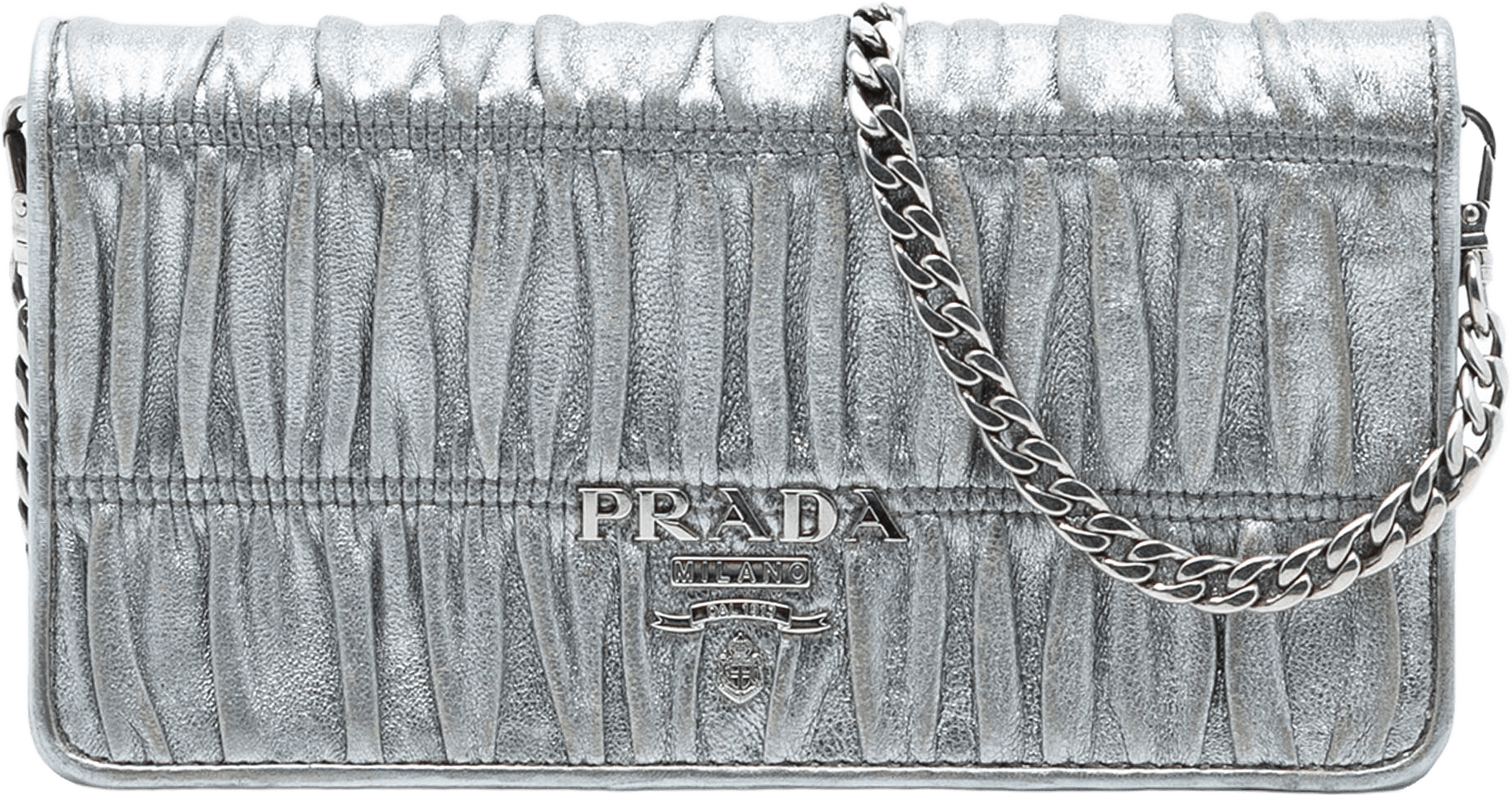 Prada Metallic Nappa Gaufre Wallet On Chain, från Luxclusif, i färgen silver.