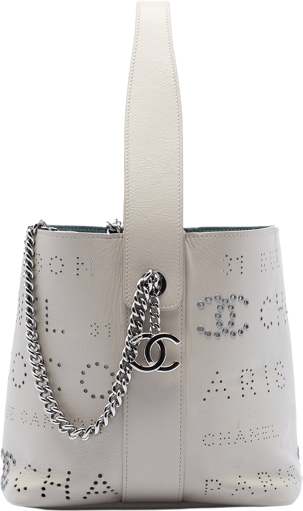 Chanel Small Perforated Calfskin Logo Eyelet Bucket Bag, från Luxclusif, i färgen ivory.