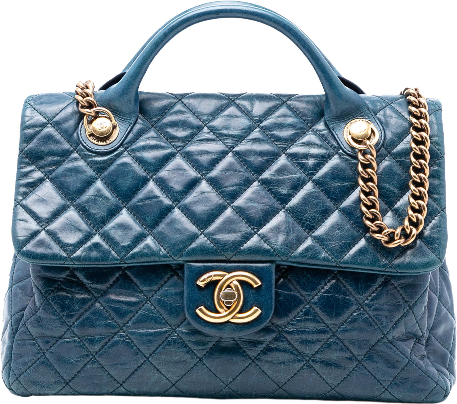 Chanel Large Glazed Calfskin Castle Rock Top Handle Flap, från Luxclusif, i färgen blue.