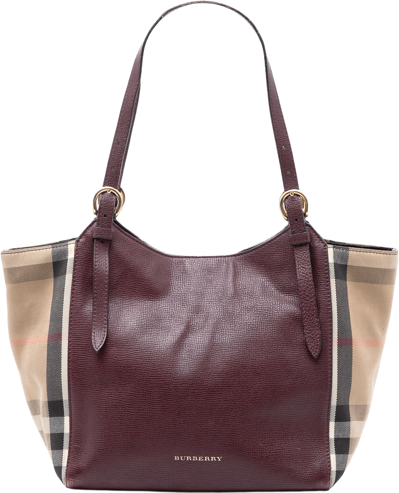 Burberry Small Leather And House Check Canvas Canterbury Tote, från Luxclusif, i färgen burgundy.