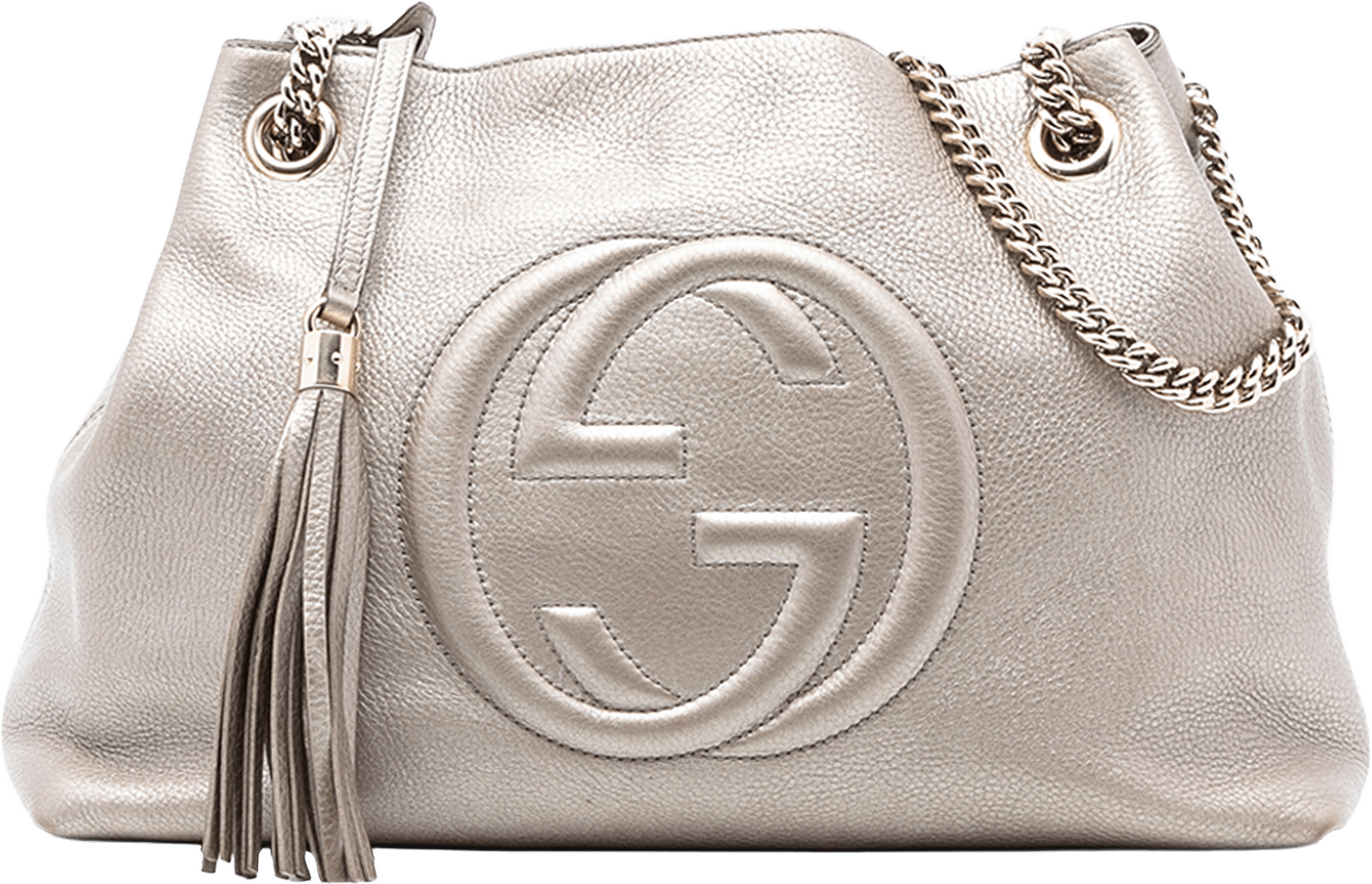 Gucci Medium Metallic Leather Soho Chain Tote, från Luxclusif, i färgen light gold.