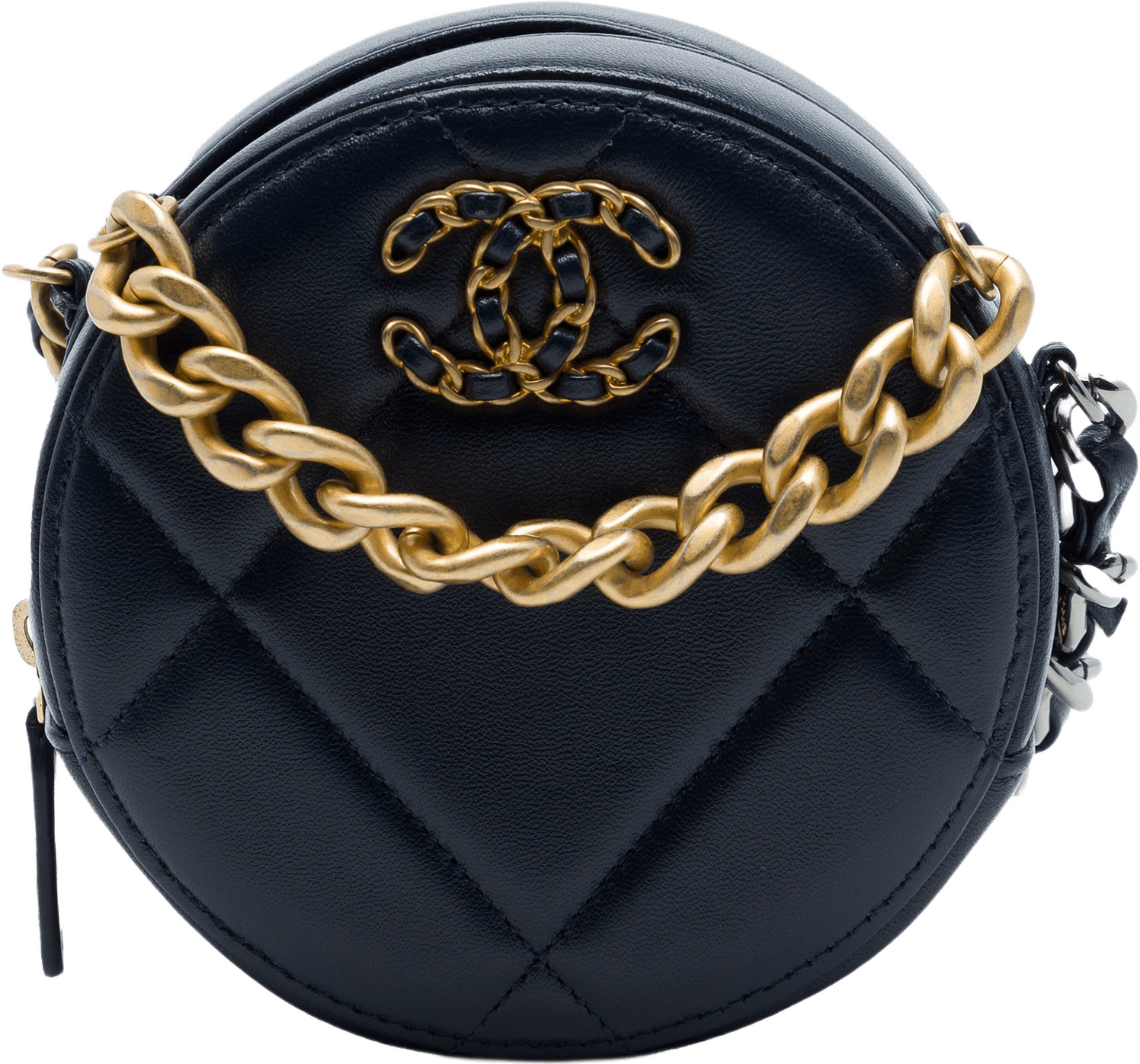 Chanel Lambskin 19 Round Clutch With Chain, från Luxclusif, i färgen blå.