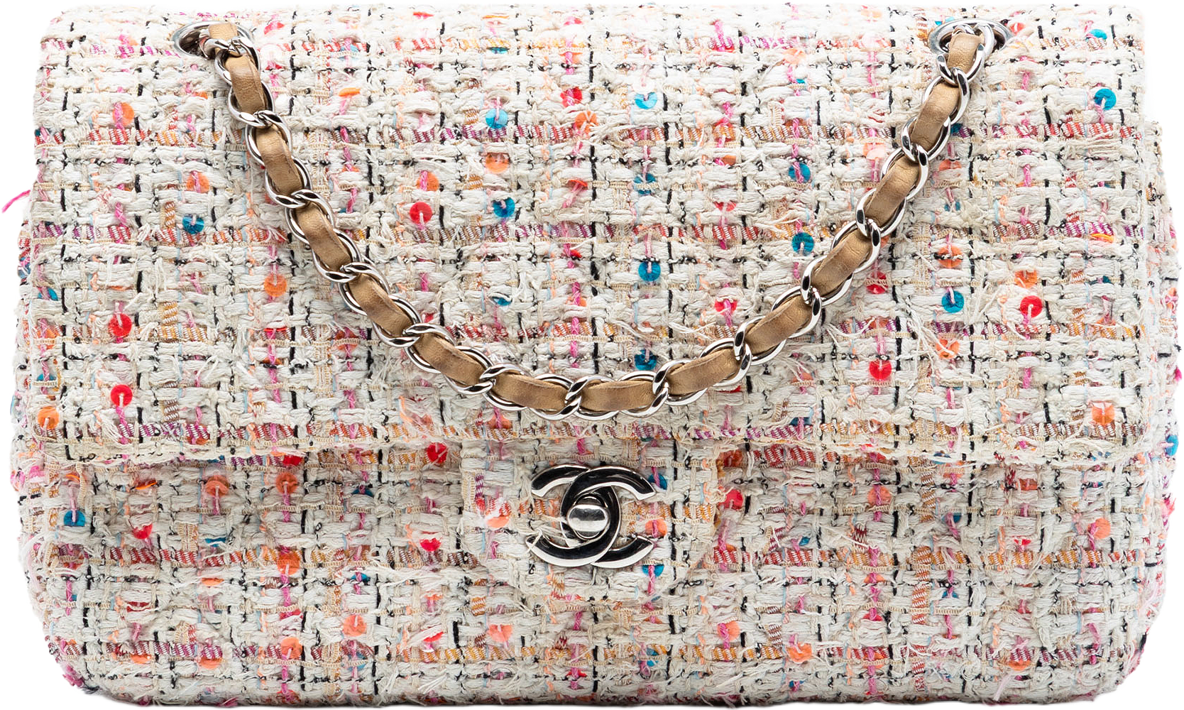 Chanel Medium Classic Tweed Sequins Double Flap, från Luxclusif, i färgen light beige.