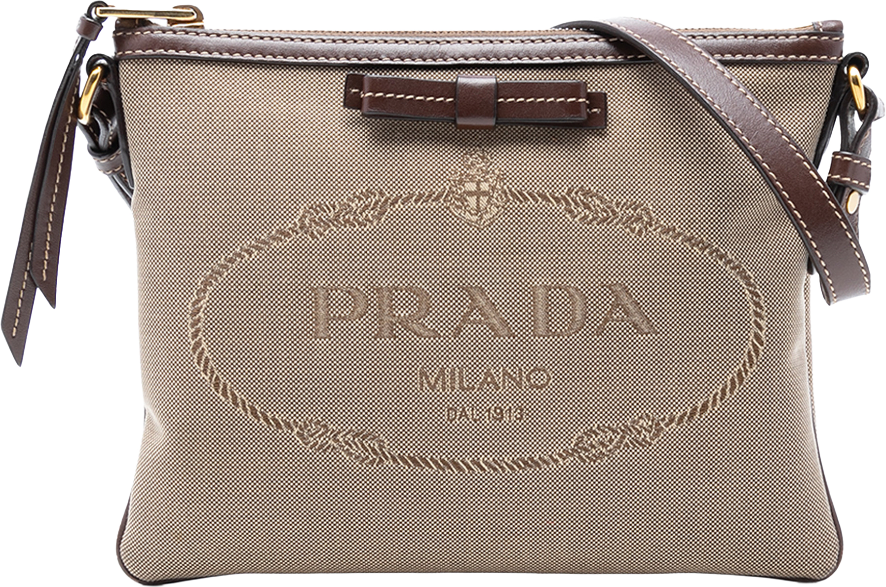 Prada Canvas Canapa Logo Bow Crossbody, från Luxclusif, i färgen beige.