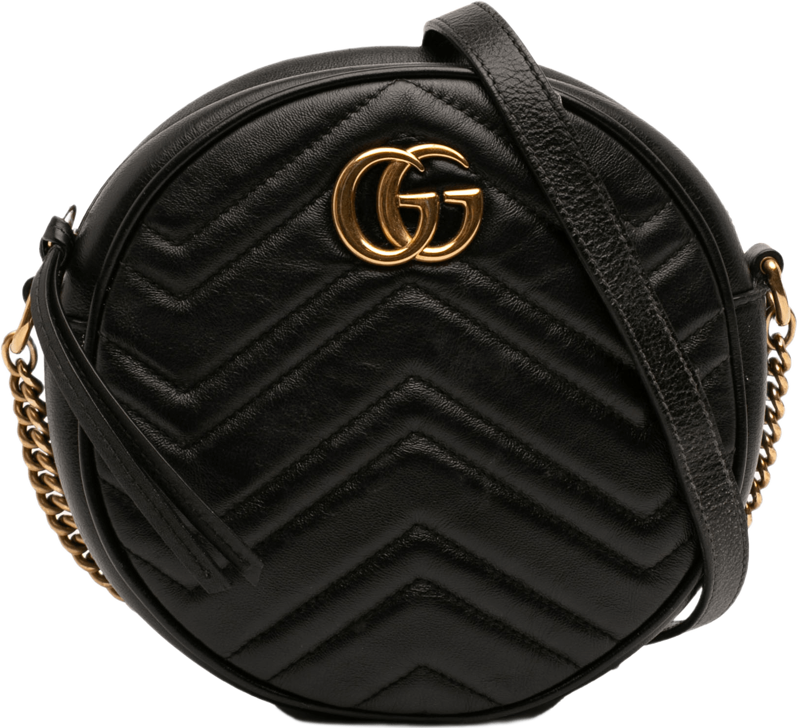 Gucci Mini Gg Marmont Matelasse Leather Round Crossbody, från Luxclusif, i färgen black.
