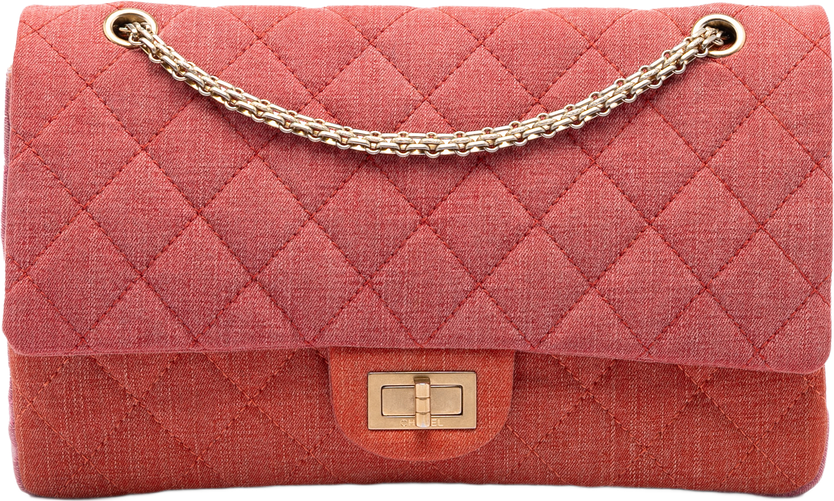 Chanel Tricolor Quilted Denim Reissue 2.55 Double Flap 227, från Luxclusif, i färgen orange.