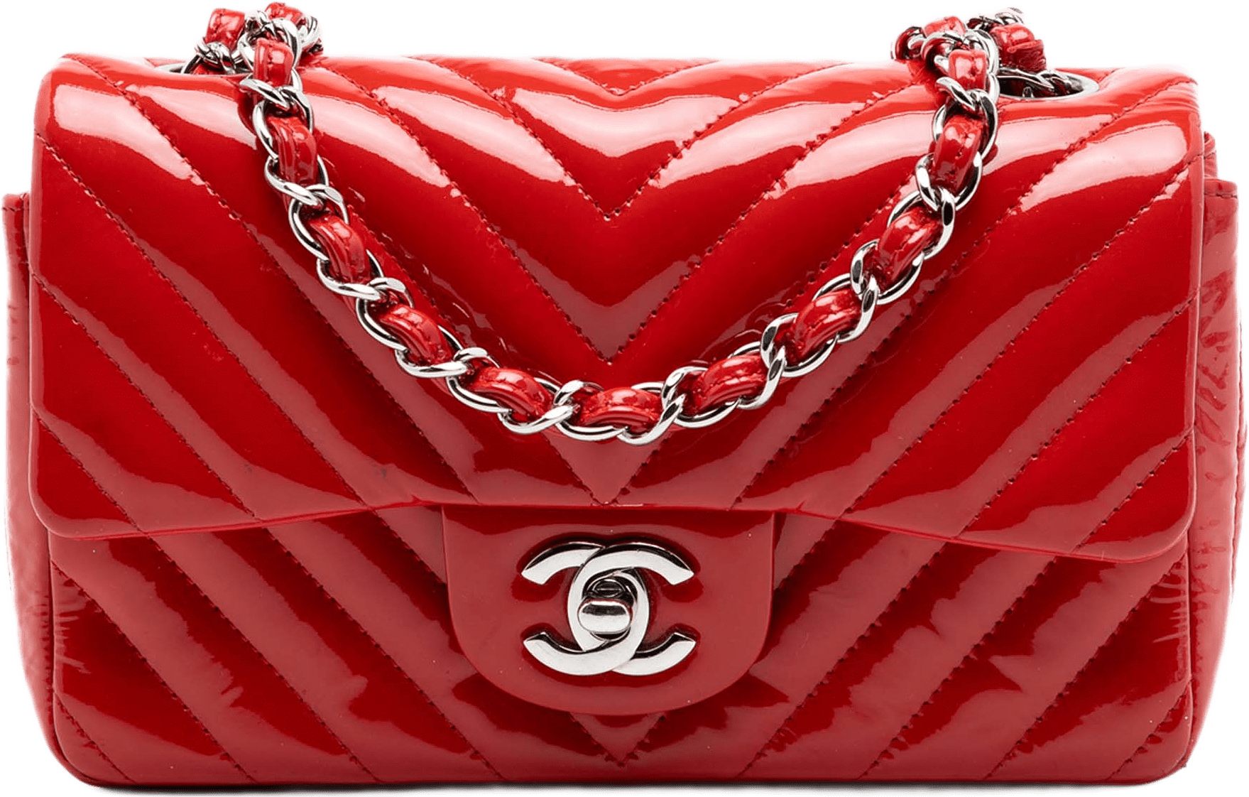 Chanel Mini Rectangular Classic Chevron Patent Single Flap, från Luxclusif, i färgen red.