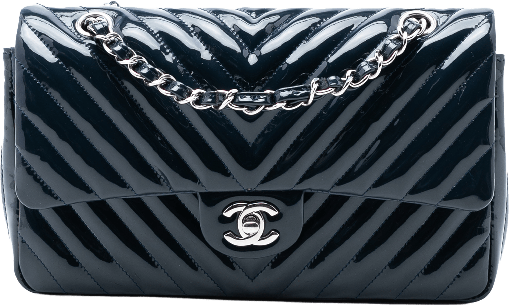 Chanel Medium Classic Chevron Patent Double Flap, från Luxclusif, i färgen navy.