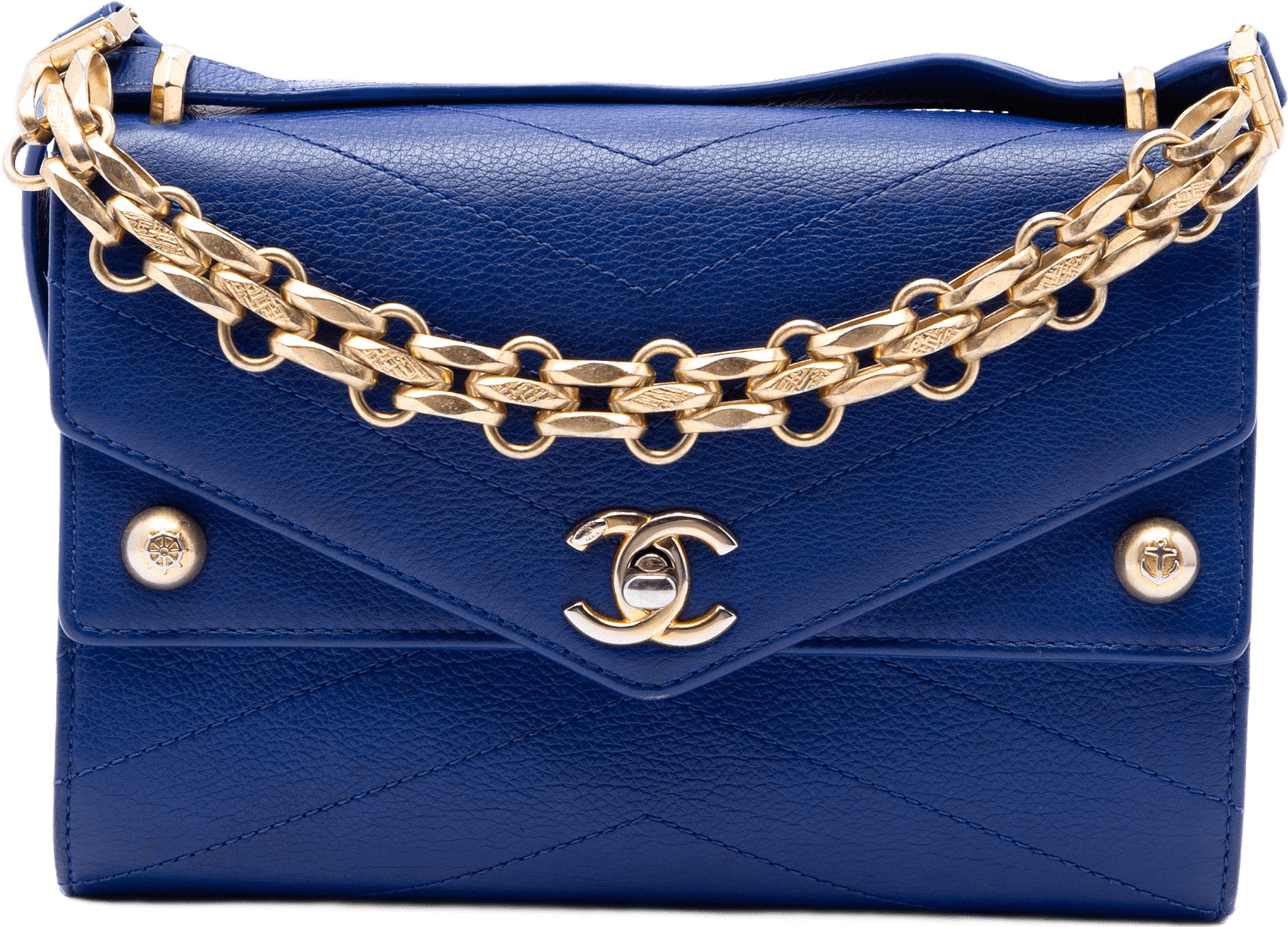 Chanel Small Studded Chevron Calfskin Envelope Double Flap, från Luxclusif, i färgen blå.