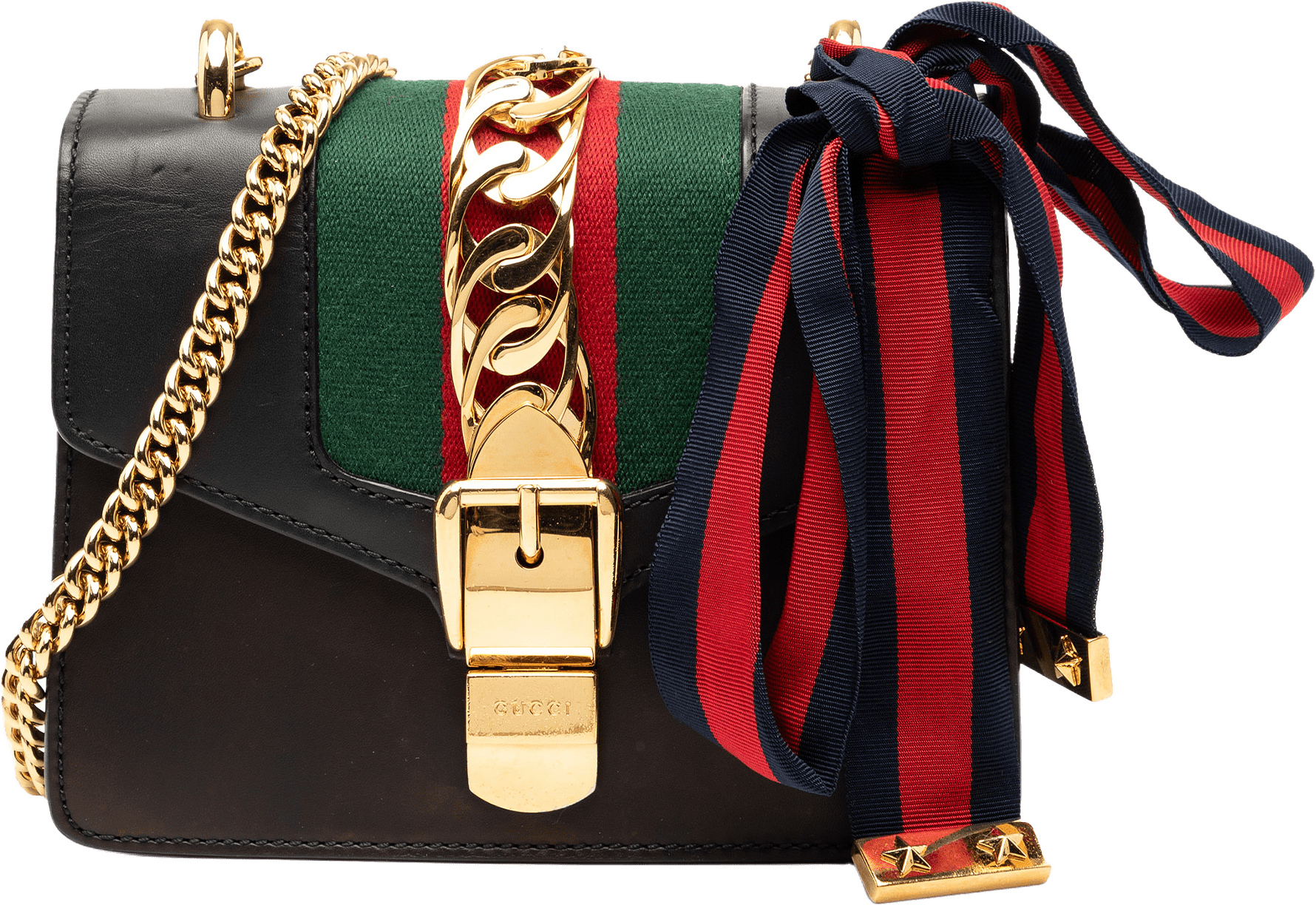 Gucci Mini Leather Web Sylvie Chain Crossbody, från Luxclusif, i färgen black.