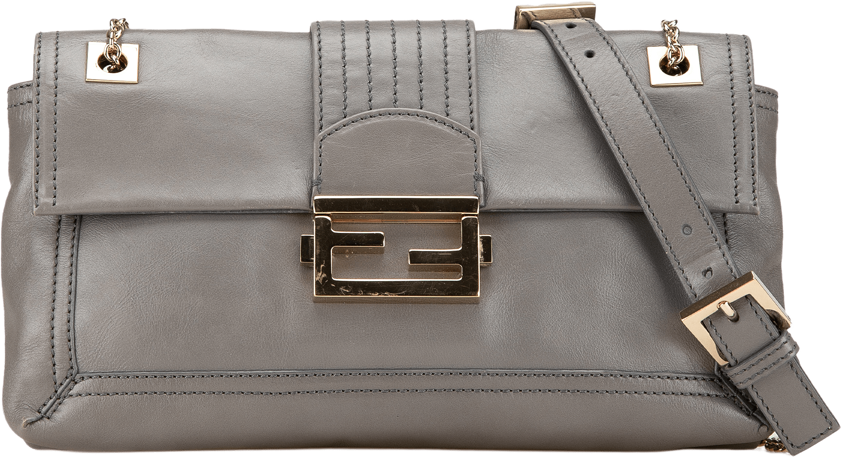 Fendi Glazed Leather Chain Flap Baguette Crossbody, från Luxclusif, i färgen gray.
