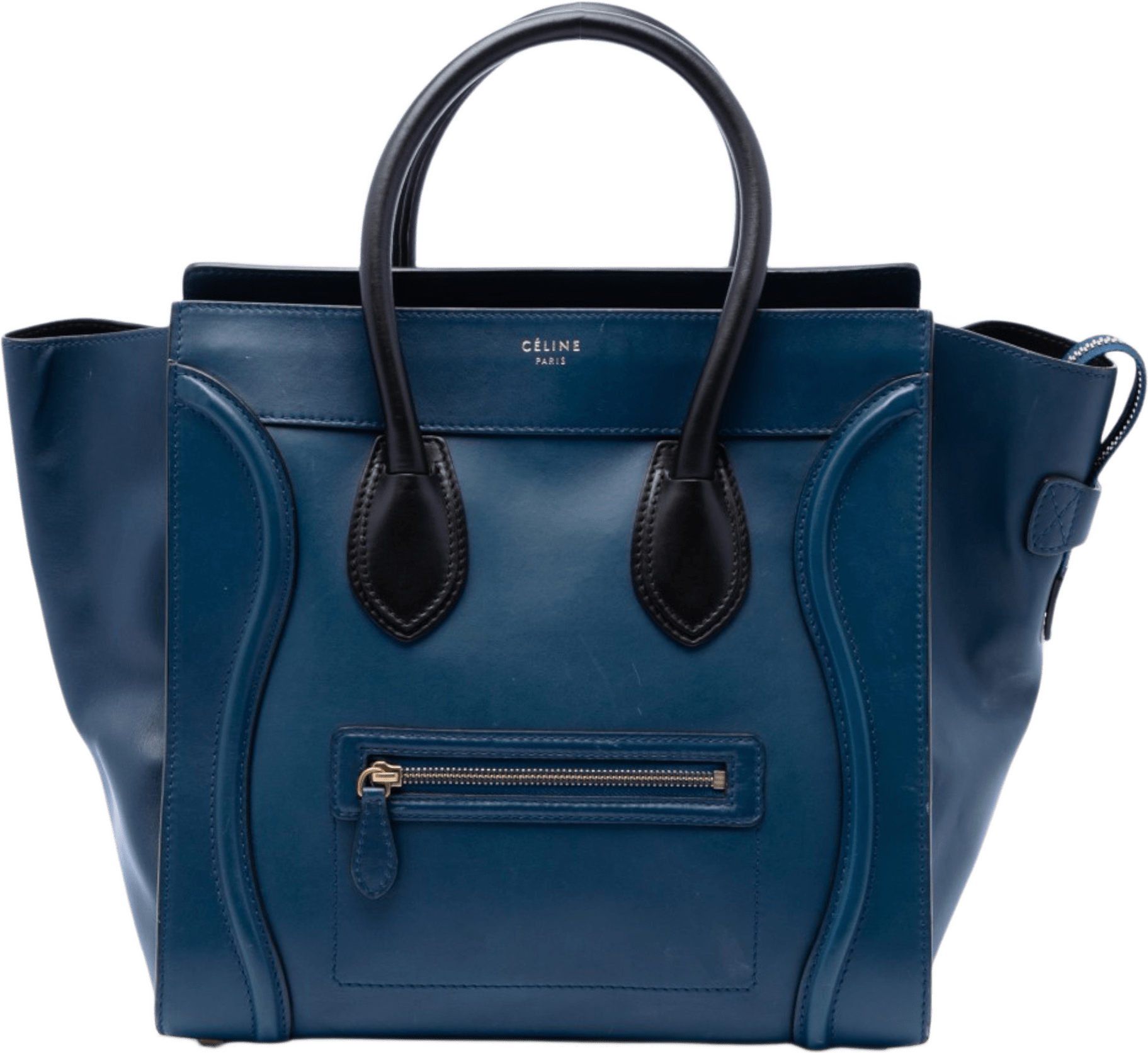 Celine Mini Bicolor Leather Luggage Tote, från Luxclusif, i färgen blue.