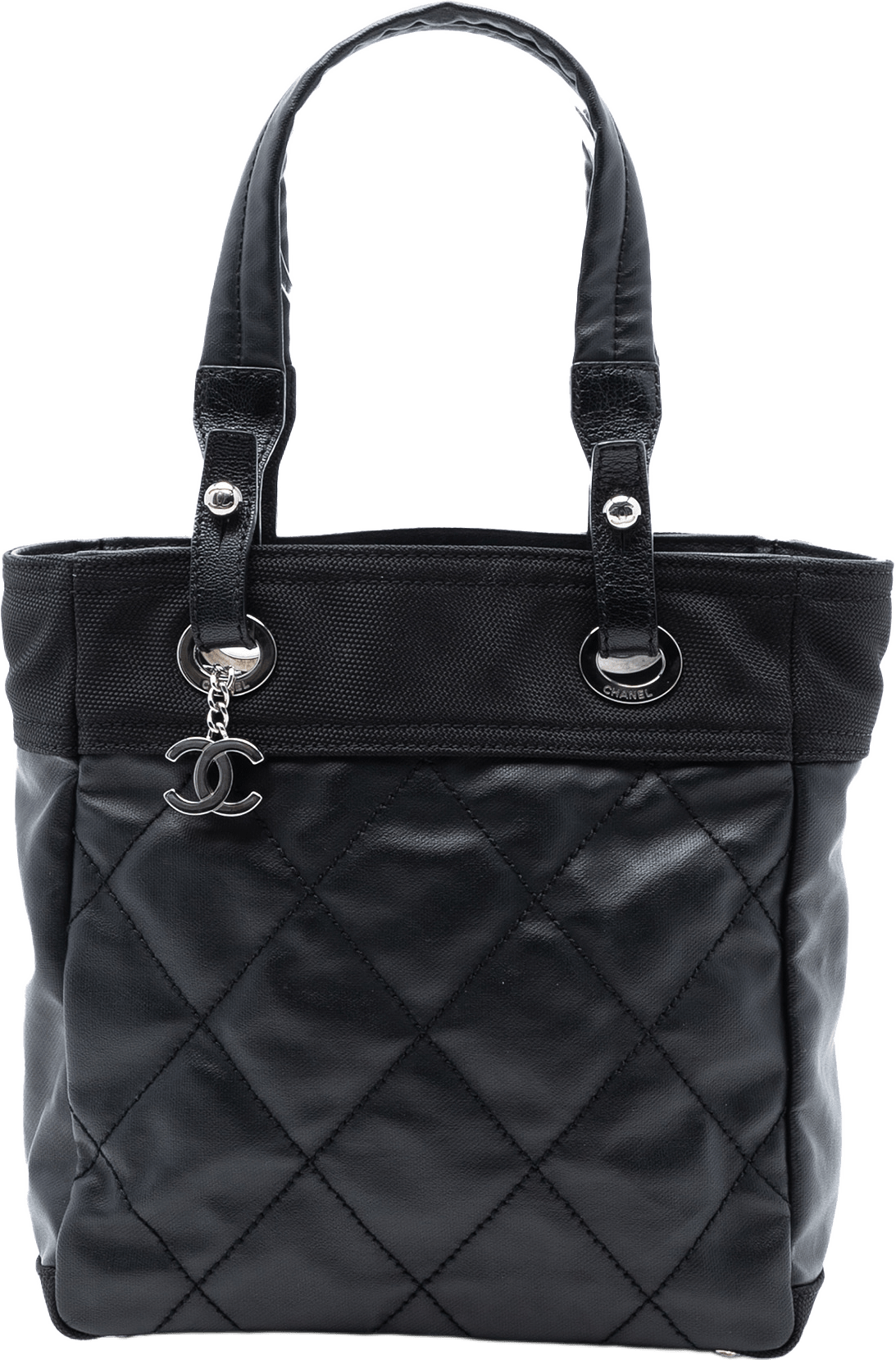 Chanel Small Quilted Coated Canvas Paris Biarritz Tote, från Luxclusif, i färgen black.