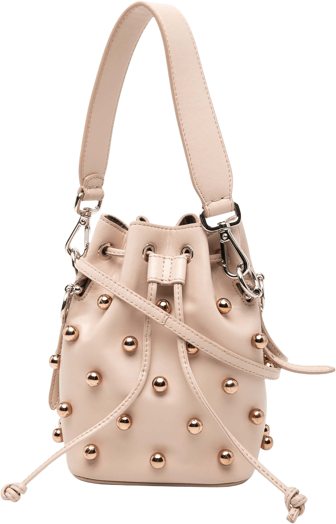 Fendi Mini Studded Calfskin Mon Tresor Bucket Bag, från Luxclusif, i färgen light pink.