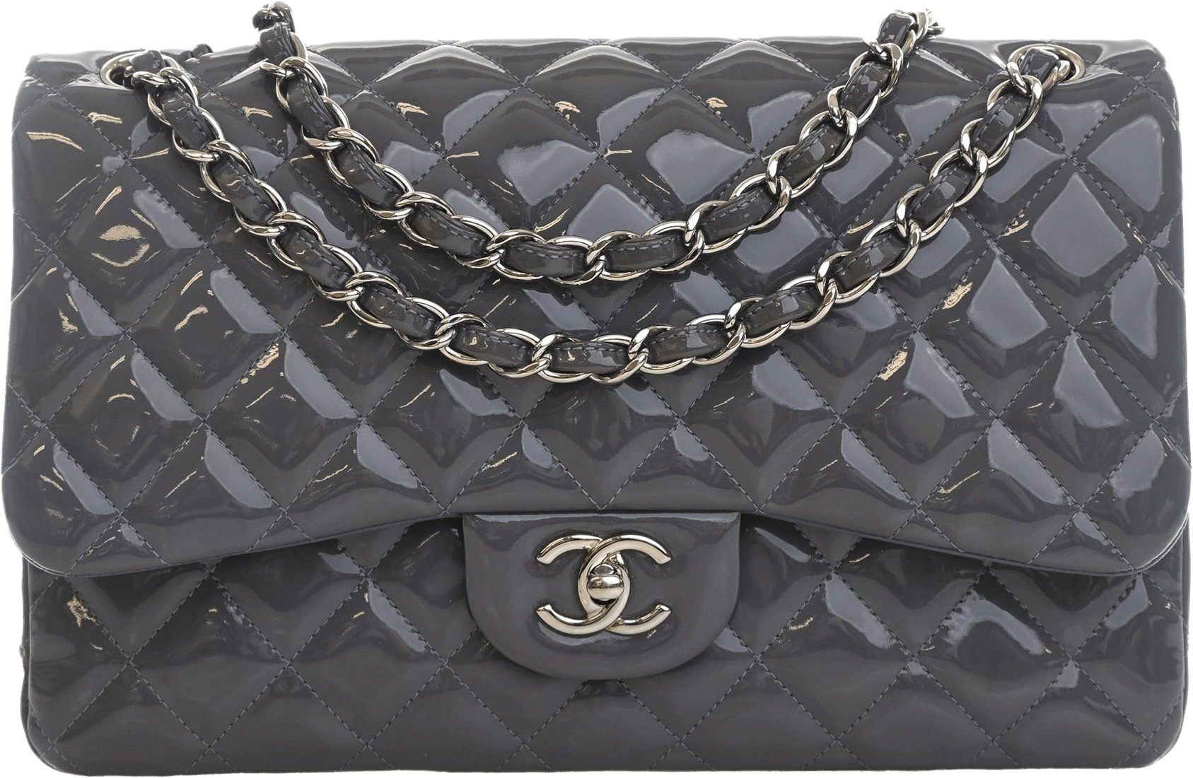 Chanel Jumbo Classic Striped Patent Double Flap, från Luxclusif, i färgen grå.
