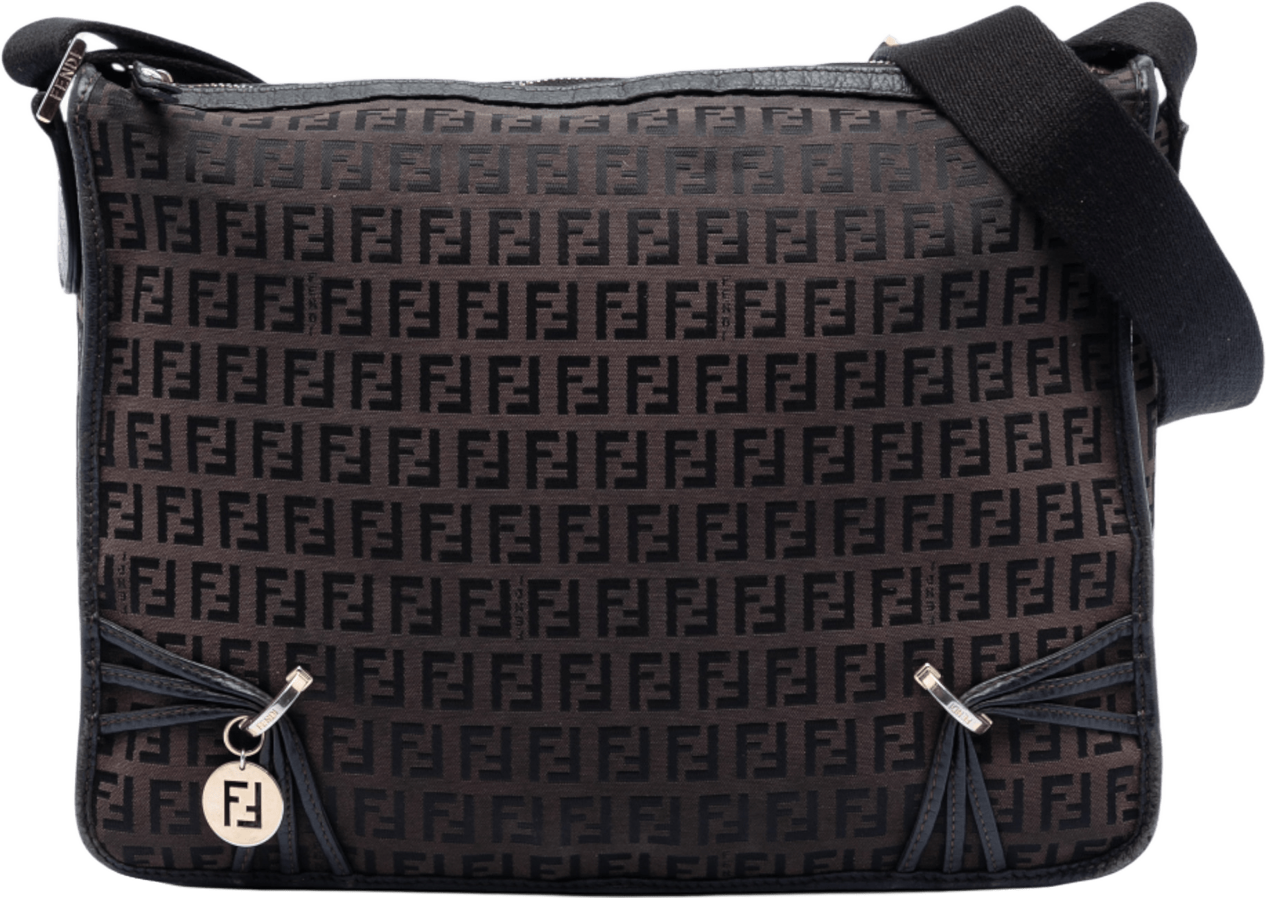 Fendi Zucchino Canvas F Charm Crossbody, från Luxclusif, i färgen dark brown.