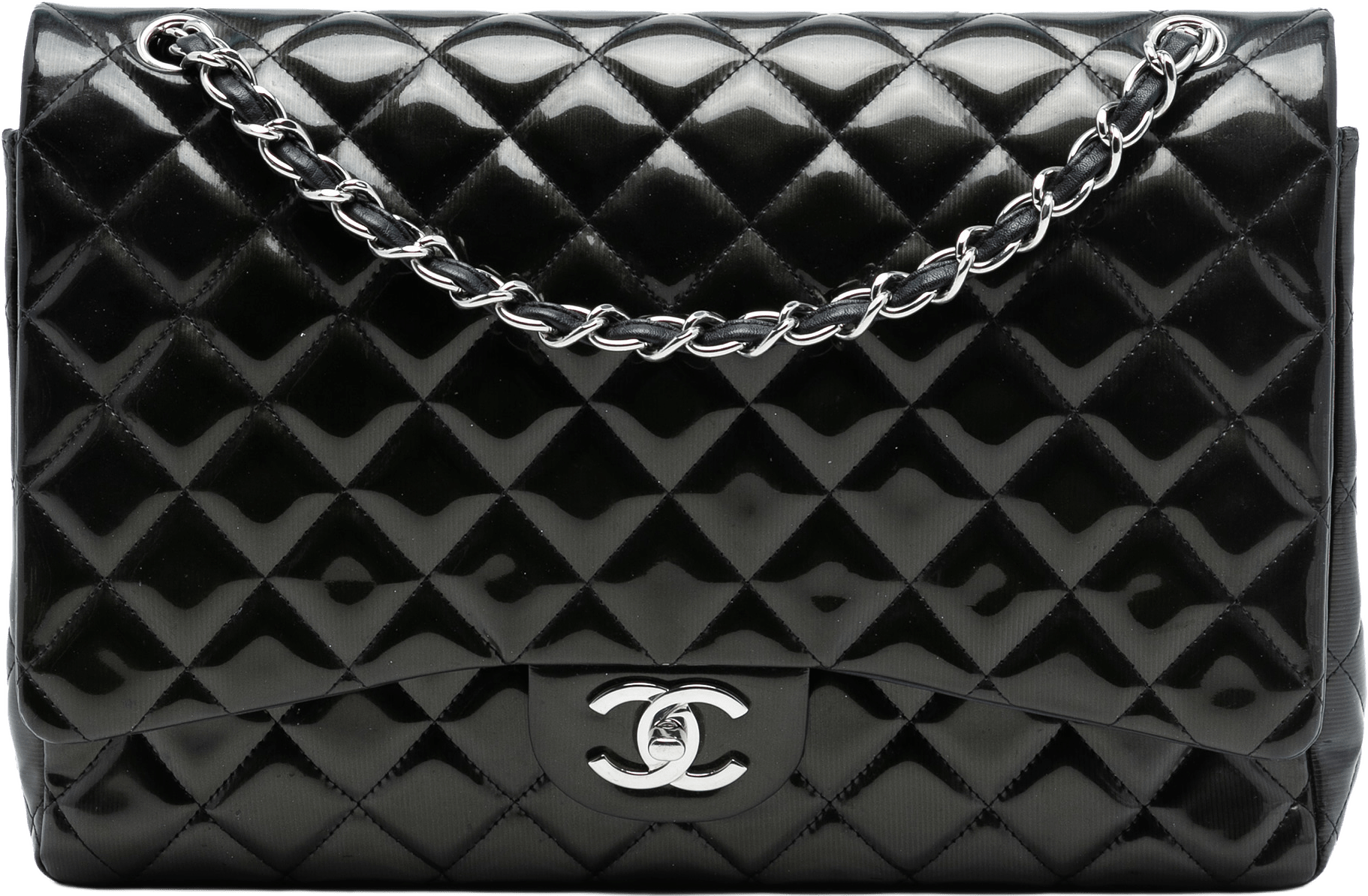 Chanel Maxi Classic Striped Patent Double Flap, från Luxclusif, i färgen black.