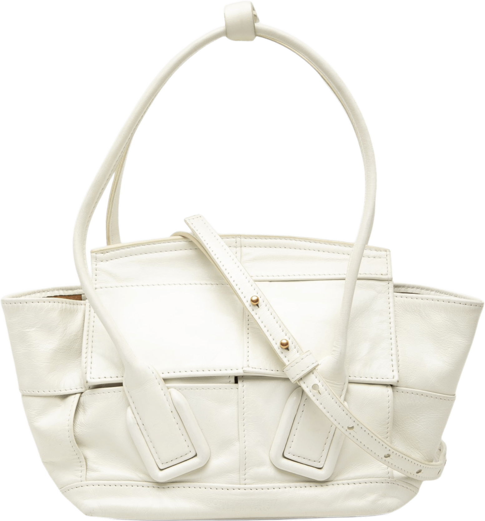 Bottega Veneta Mini Calfskin Maxi Intrecciato Arco Slouch Satchel, från Luxclusif, i färgen white.