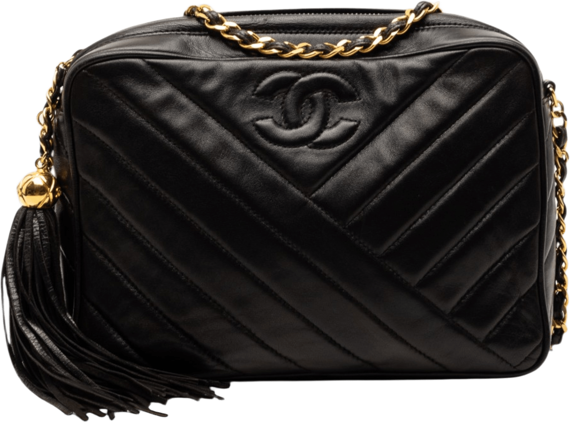 Chanel Cc Diagonal Quilted Lambskin Tassel Camera Bag, från Luxclusif, i färgen black.