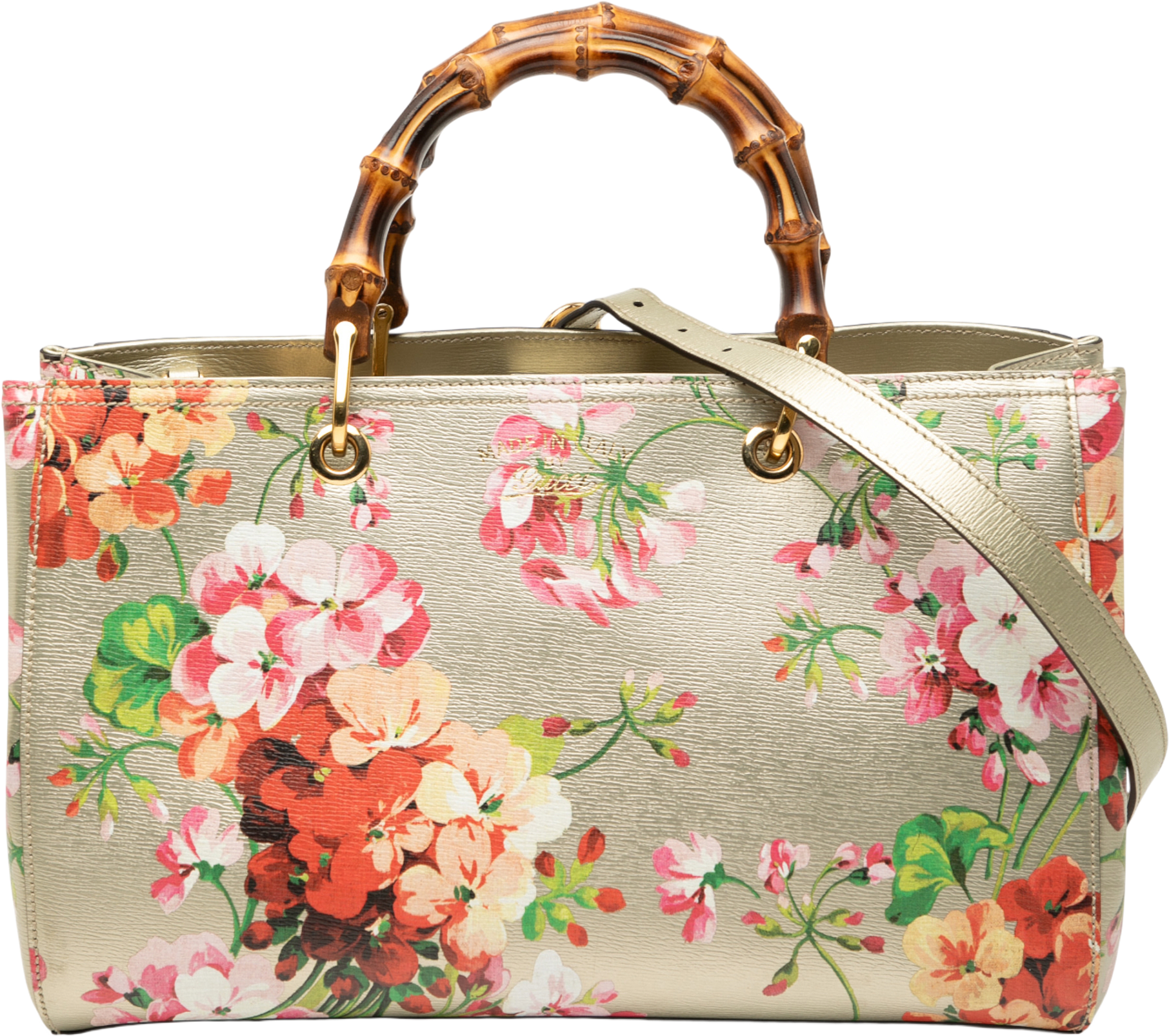 Gucci Medium Calfskin Blooms Bamboo Shopper Satchel, från Luxclusif, i färgen gray.