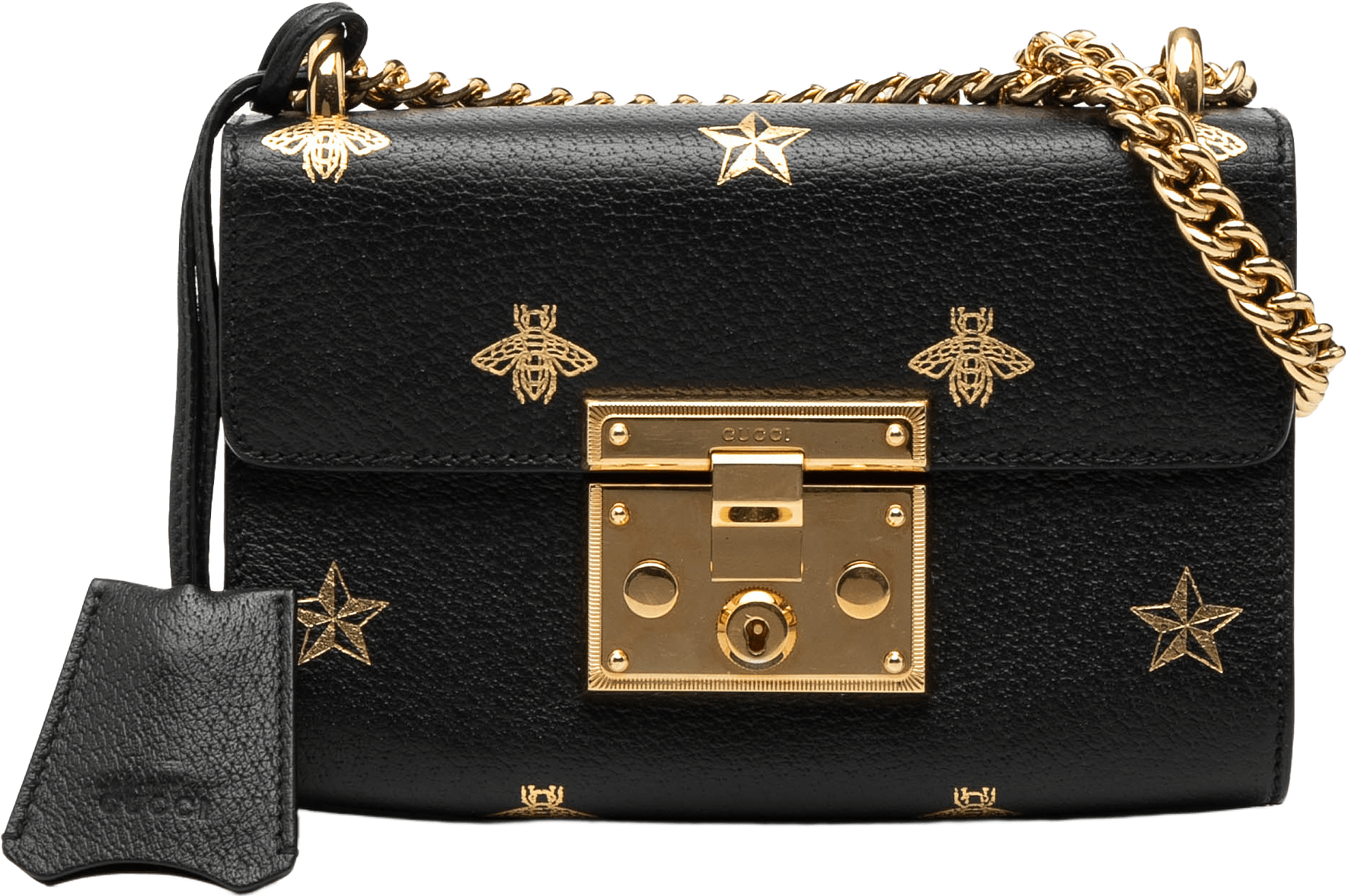 Gucci Small Leather Bee Star Padlock Crossbody, från Luxclusif, i färgen black.