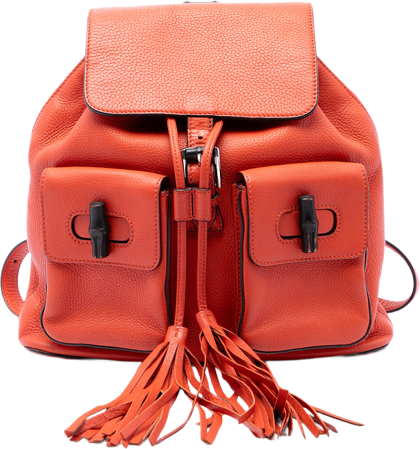 Gucci Large Calfskin Bamboo Tassel Drawstring Backpack, från Luxclusif, i färgen orange.