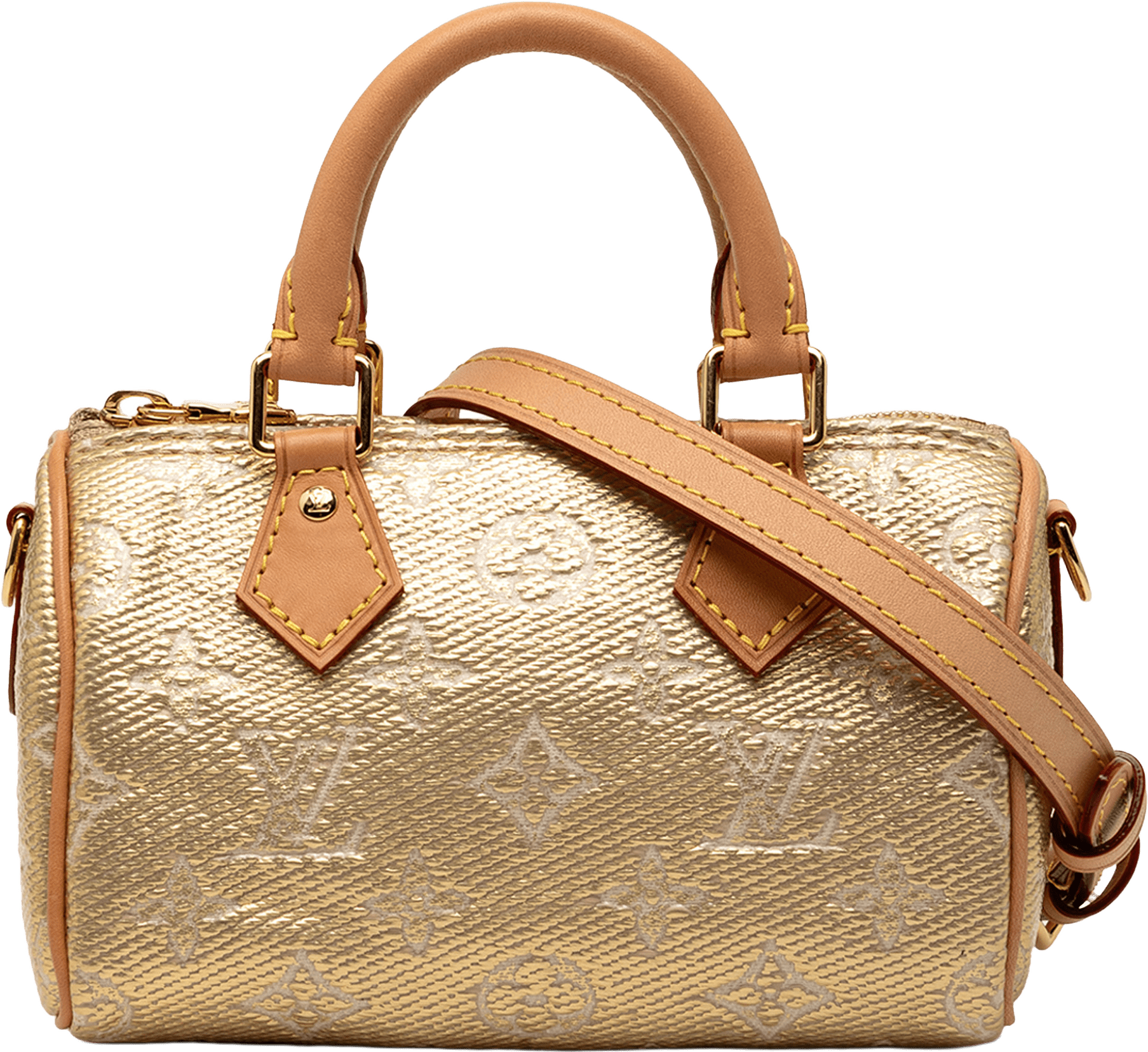 Louis Vuitton Monoglam Nano Speedy Bandouliere, från Luxclusif, i färgen gold.