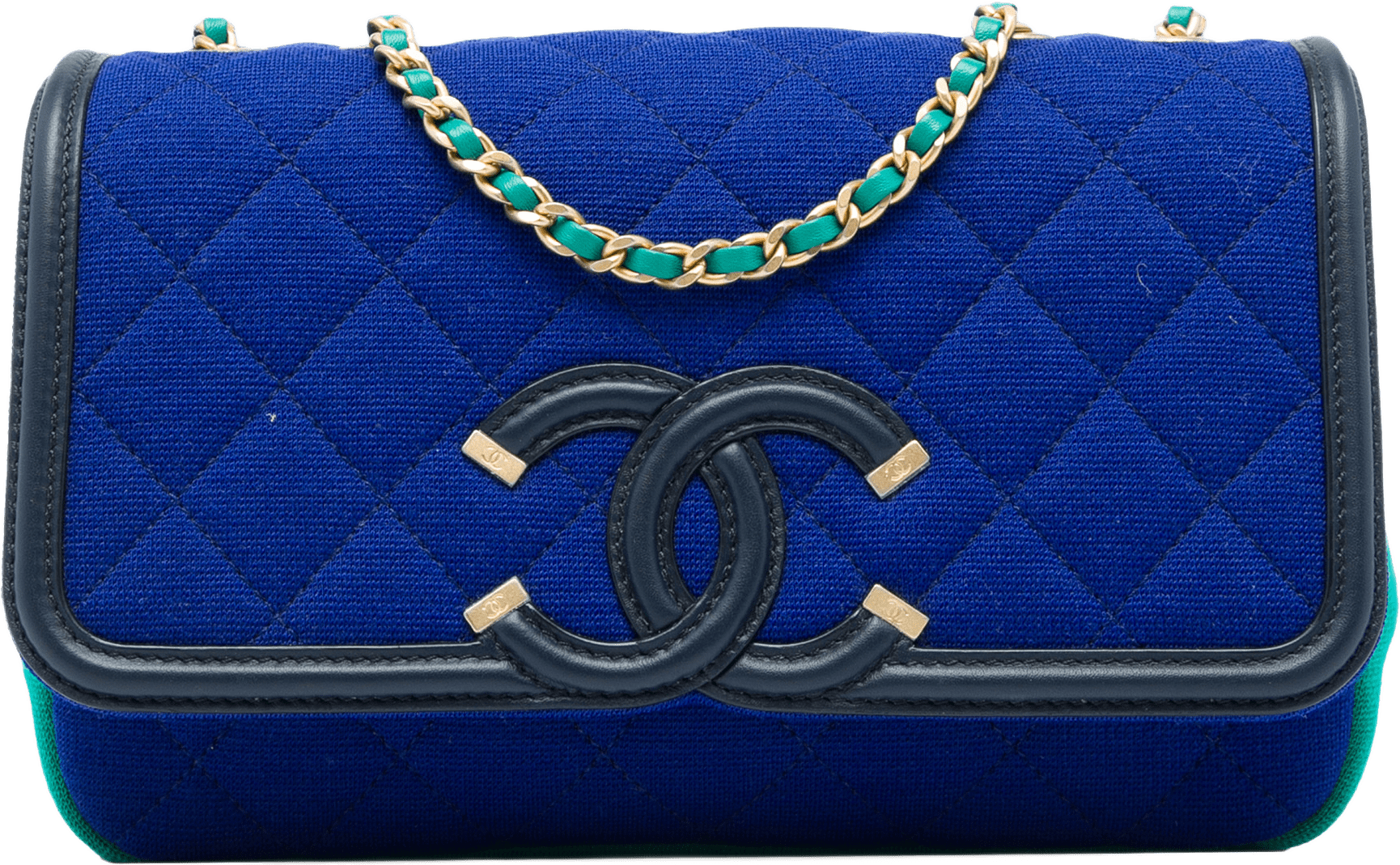 Chanel Small Tricolor Jersey Cc Filigree Flap, från Luxclusif, i färgen blå.