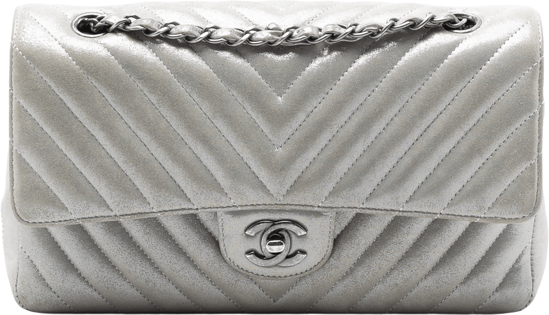 Chanel Medium Classic Chevron Iridescent Lambskin Double Flap, från Luxclusif, i färgen silver.