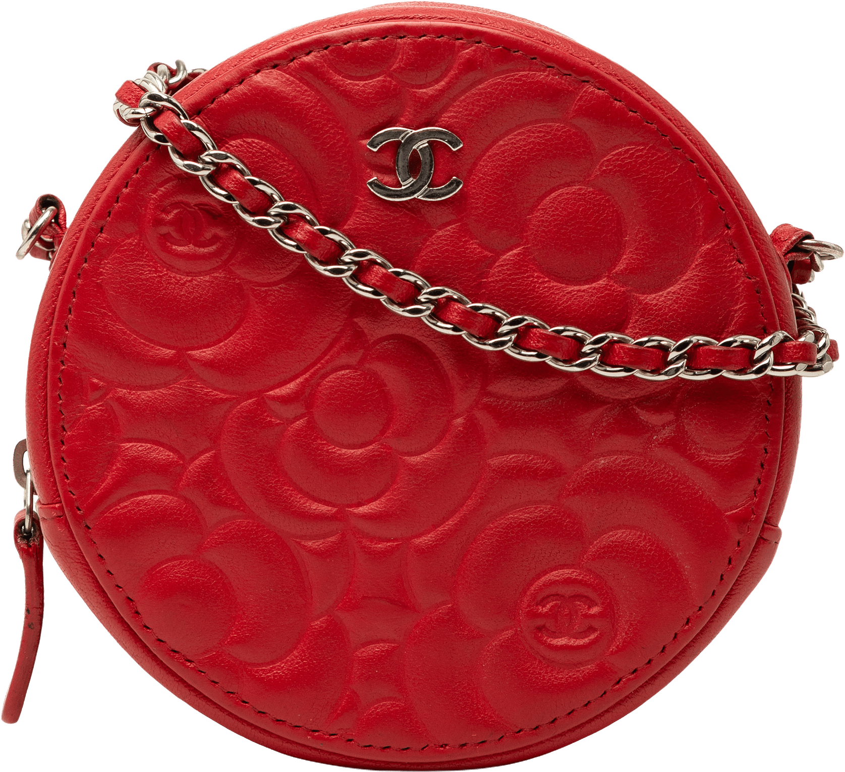 Chanel Cc Goatskin Camellia Round Clutch With Chain, från Luxclusif, i färgen red.