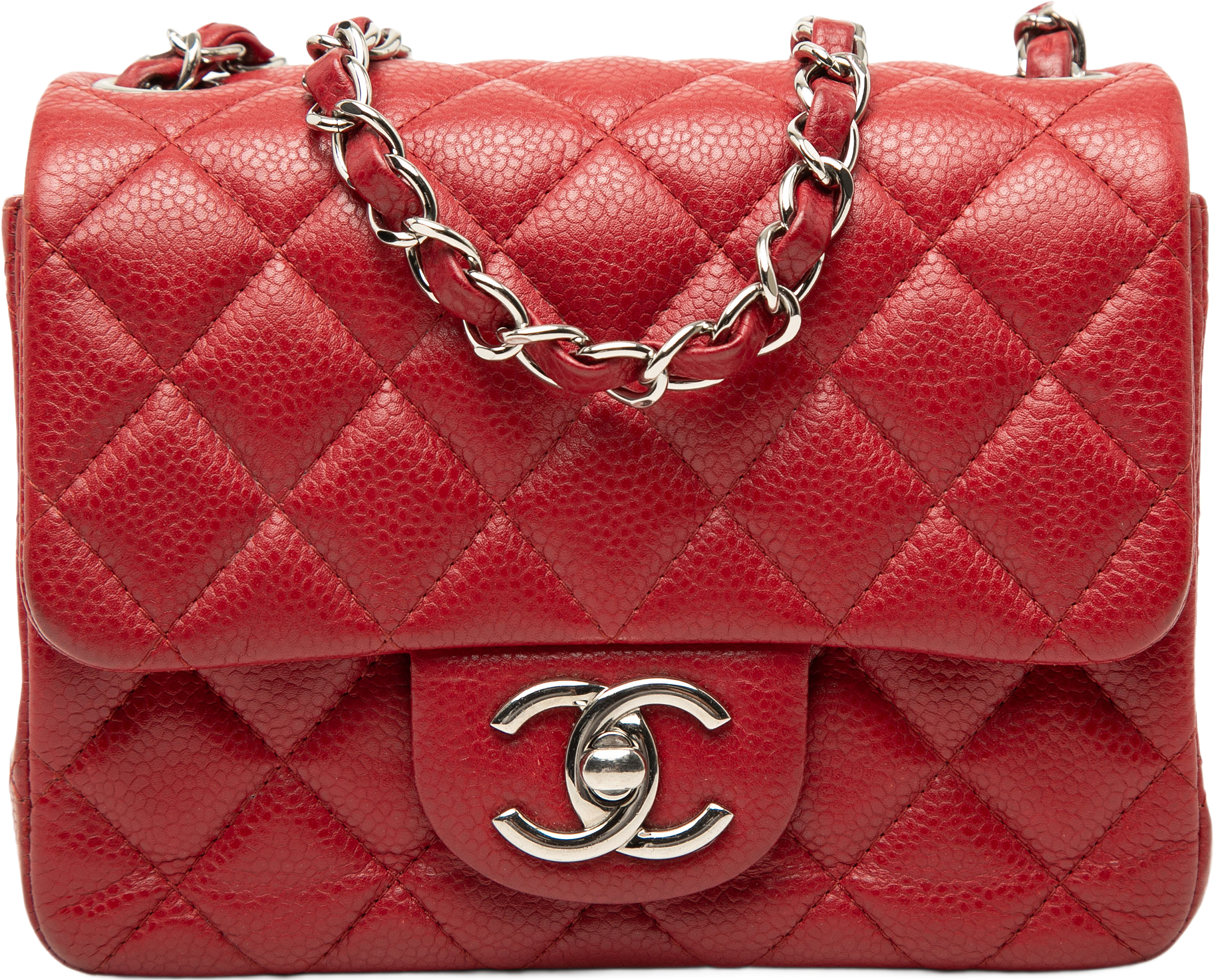 Chanel Mini Square Classic Caviar Single Flap, från Luxclusif, i färgen röd.
