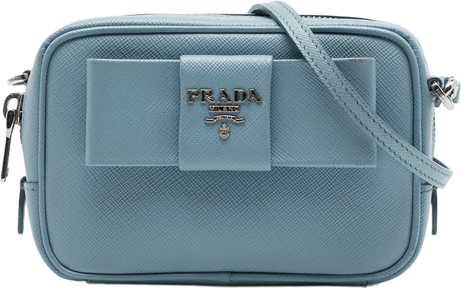 Prada Saffiano Fiocco Bow Camera Bag, från Luxclusif, i färgen blå.