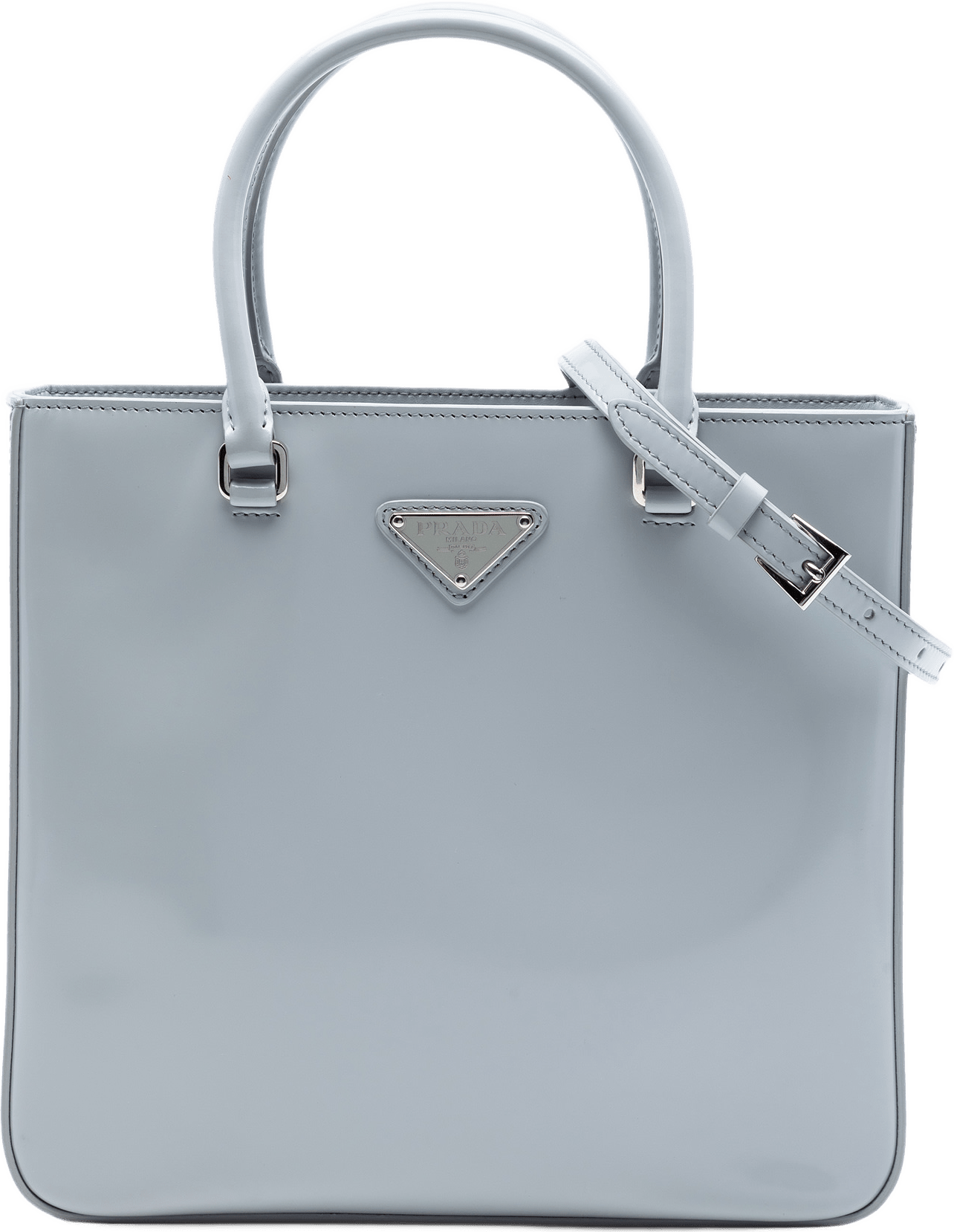 Prada Medium Spazzolato Leather Satchel, från Luxclusif, i färgen light blue.
