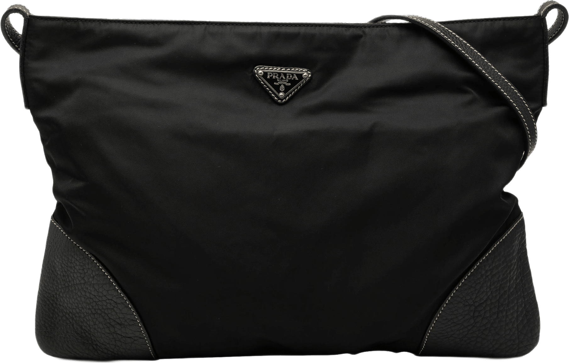 Prada Vitello Daino Trimmed Tessuto Zip Top Crossbody, från Luxclusif, i färgen svart.