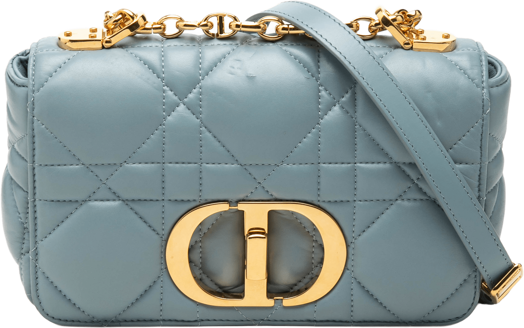 Dior Small Lambskin Macrocannage Caro Crossbody, från Luxclusif, i färgen light blue.