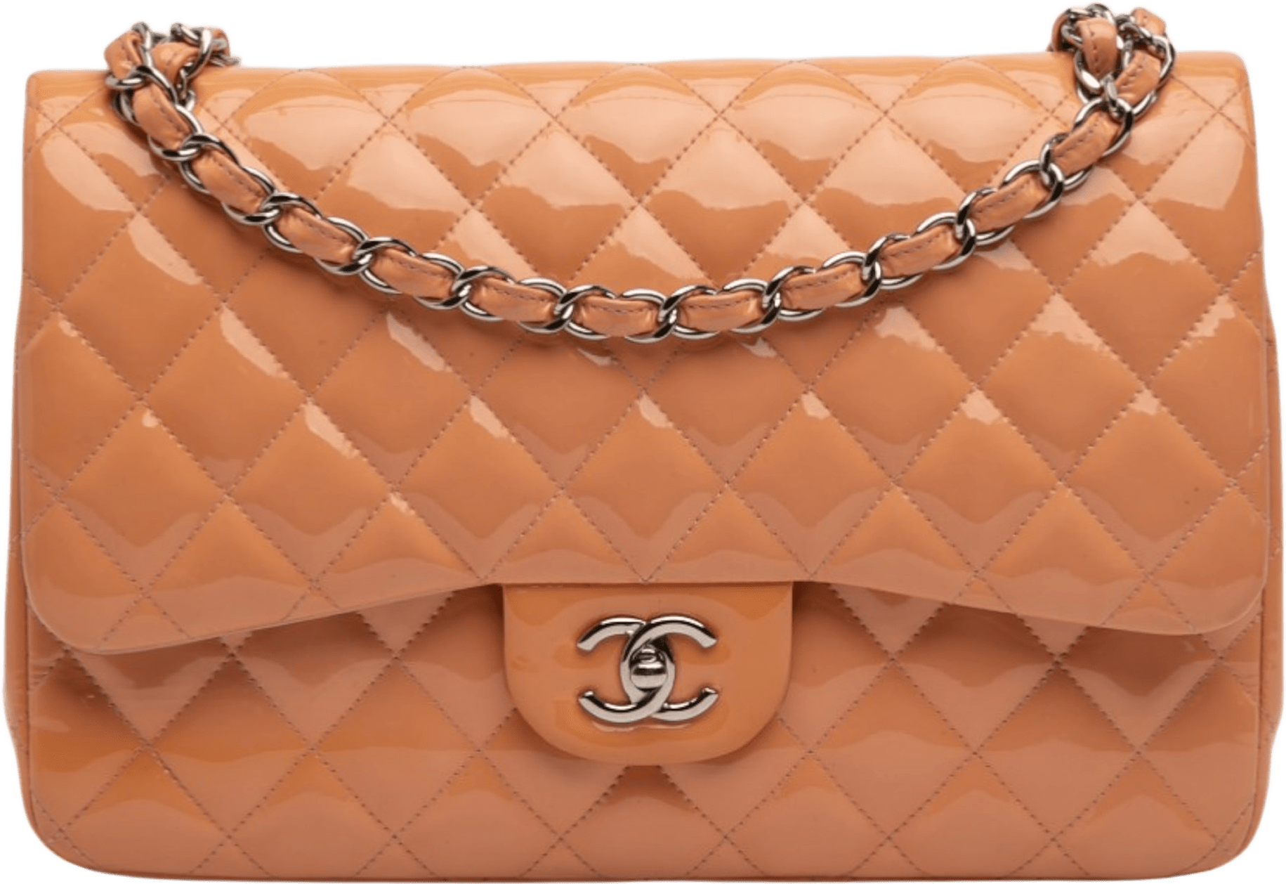 Chanel Jumbo Classic Patent Double Flap, från Luxclusif, i färgen orange.