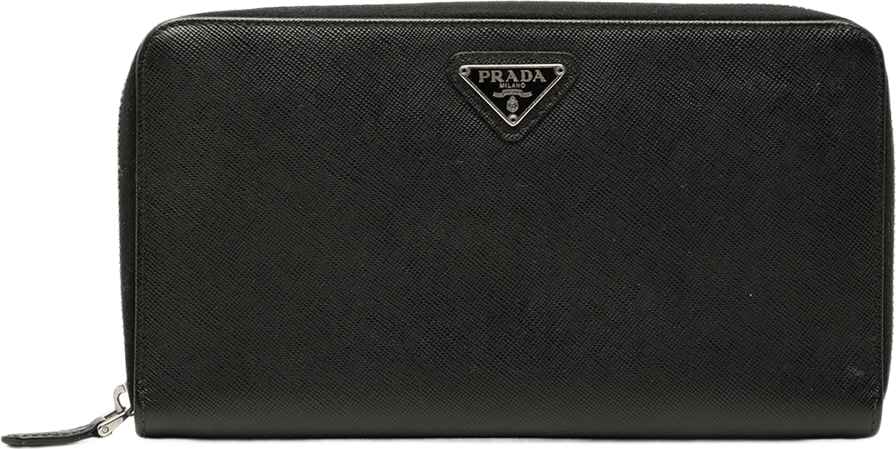Prada Saffiano Zip Around Travel Wallet, från Luxclusif, i färgen svart.