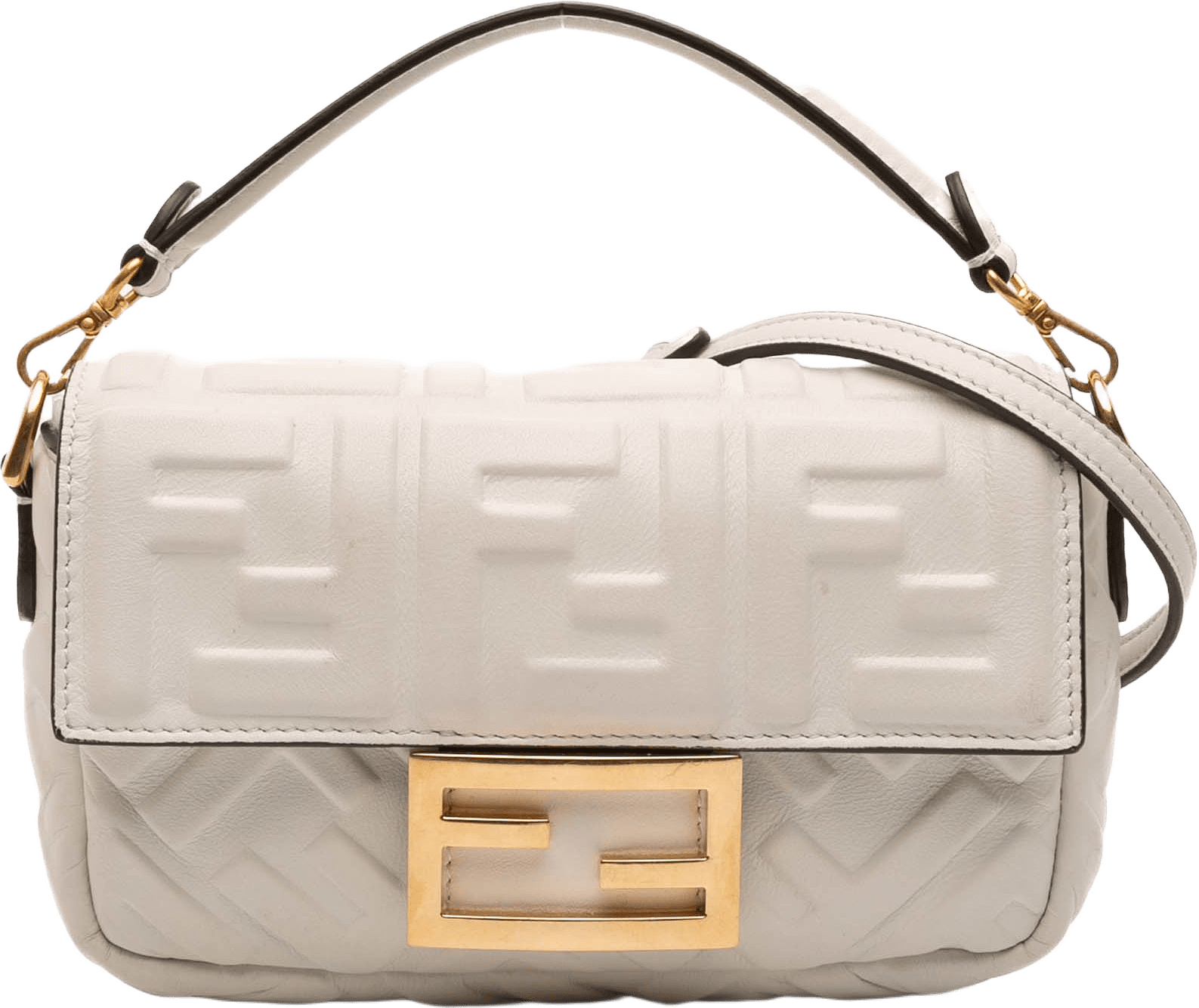 Fendi Mini Zucca Embossed Leather Baguette Satchel, från Luxclusif, i färgen white.