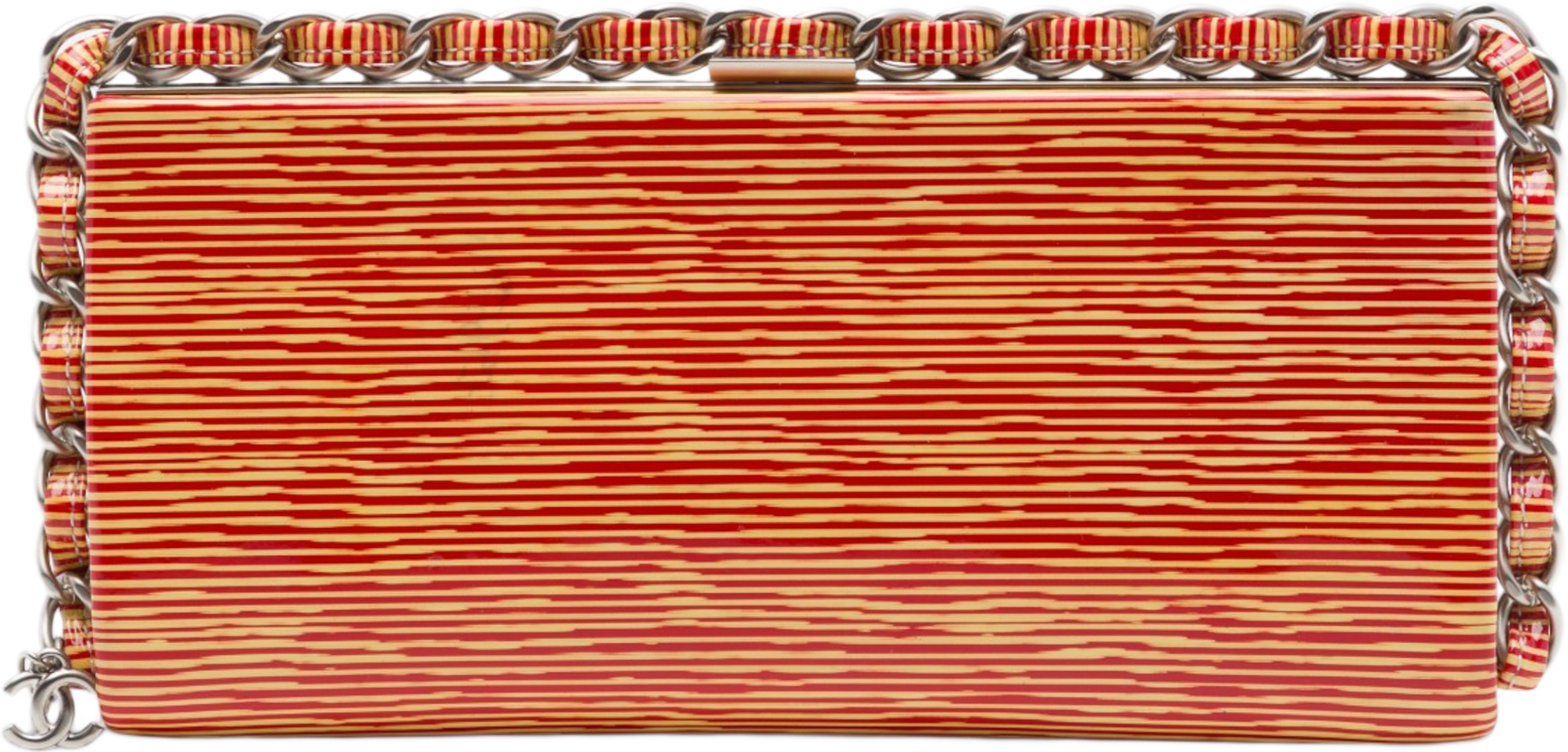 Chanel Cc Patent Striped Chain Around Clutch, från Luxclusif, i färgen orange.