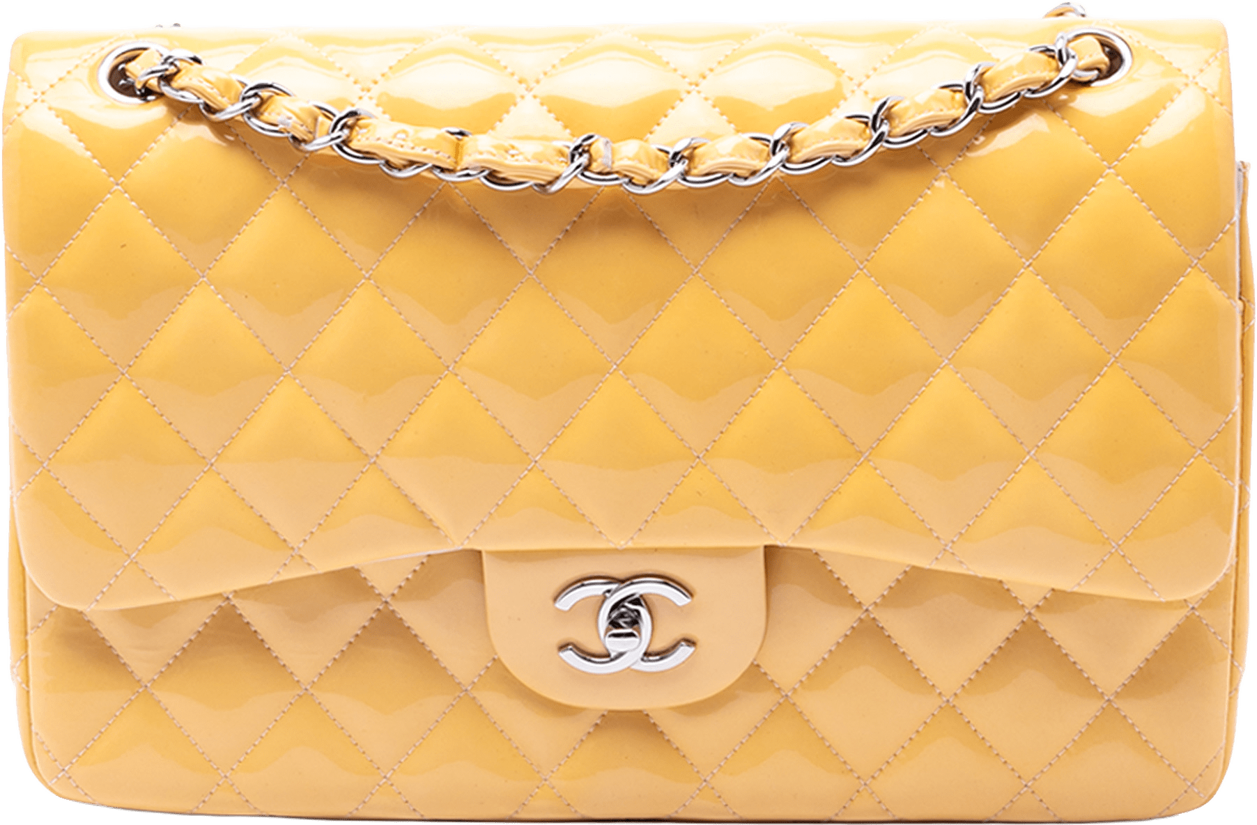 Chanel Jumbo Classic Patent Double Flap, från Luxclusif, i färgen yellow.