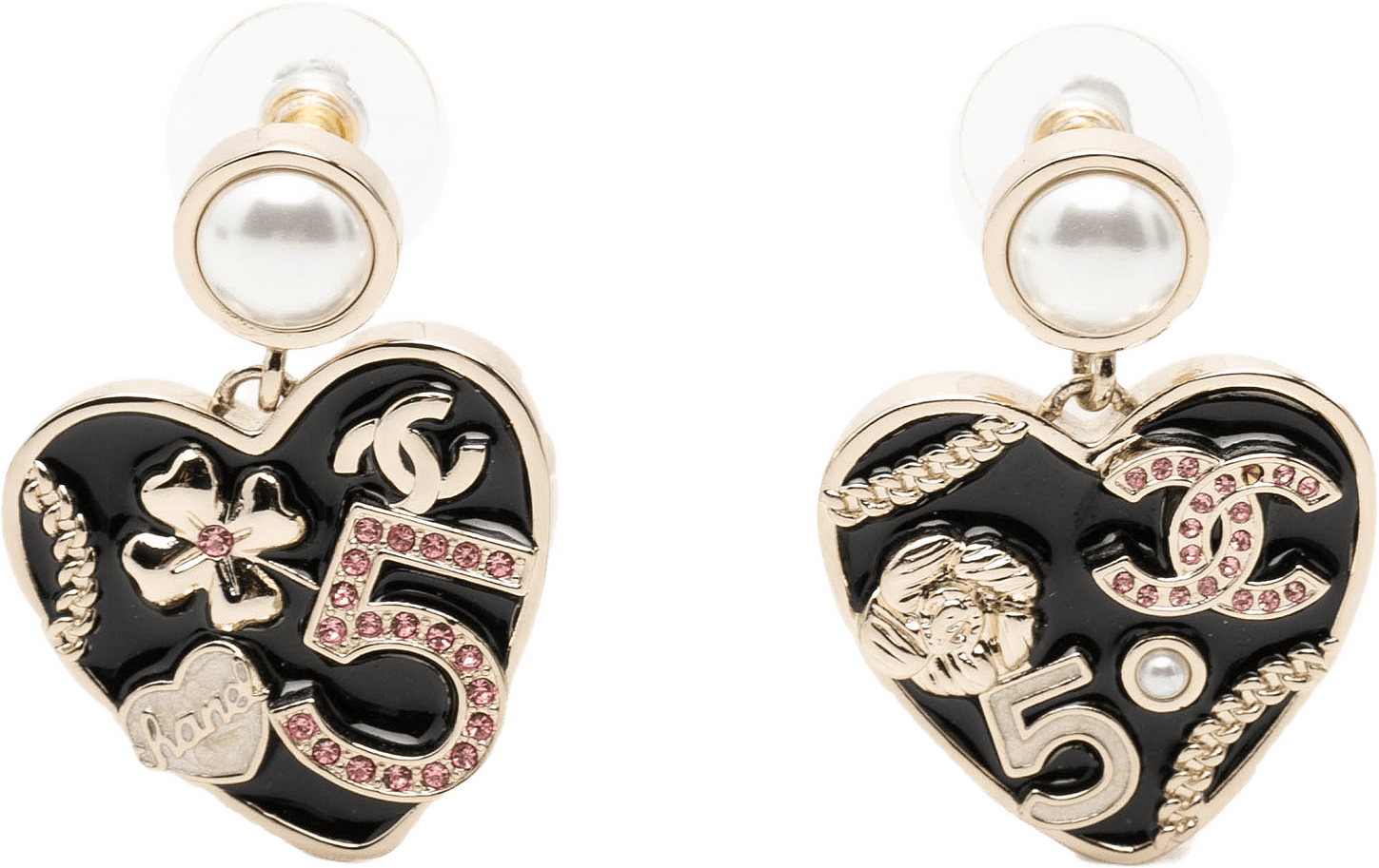 Chanel Cc Gold Plated Faux Pearl Strass And Resin Heart Drop Push Back Earrings, från Luxclusif, i färgen gold.