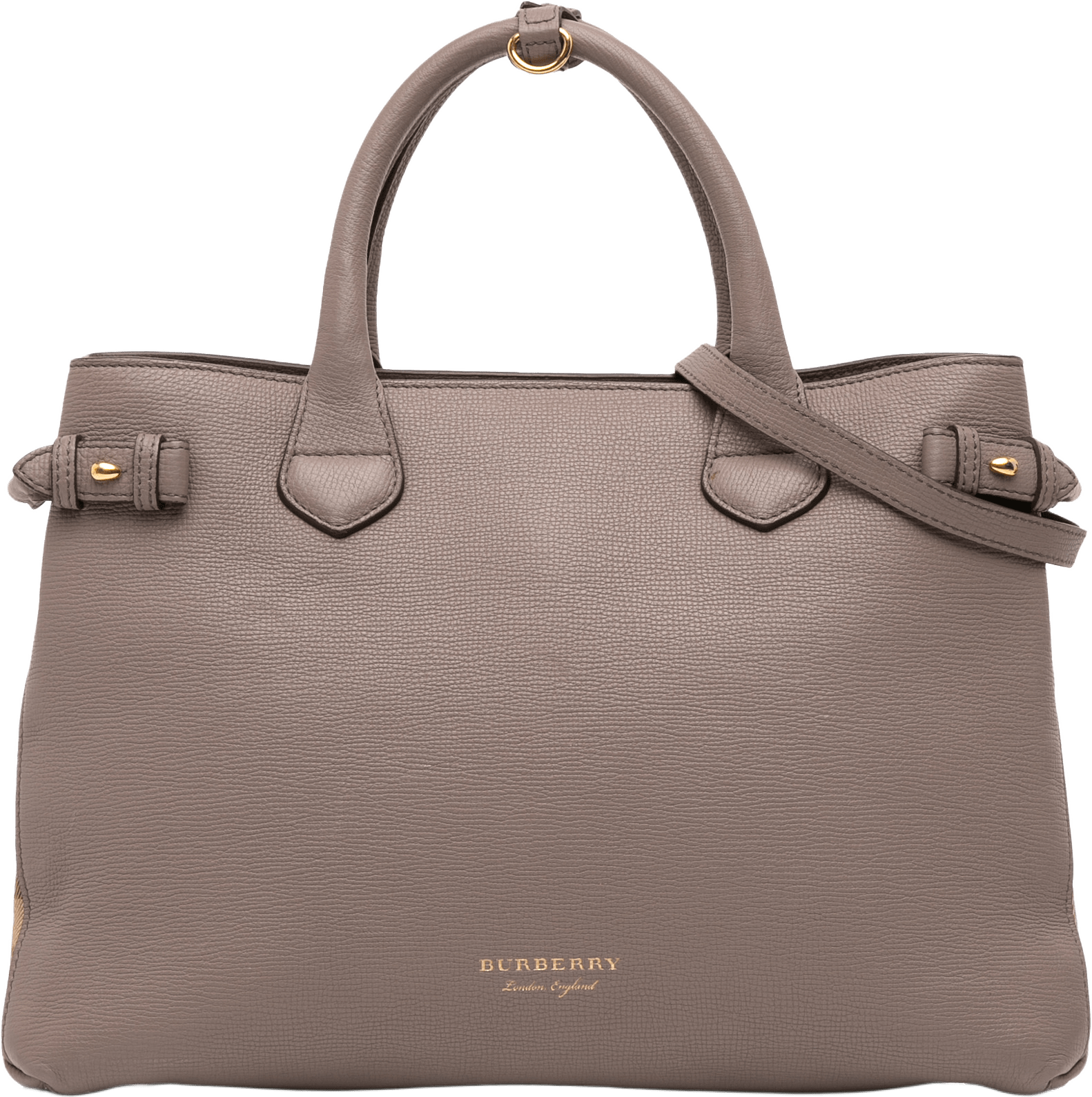 Burberry Medium Leather And House Check Banner Satchel, från Luxclusif, i färgen taupe.