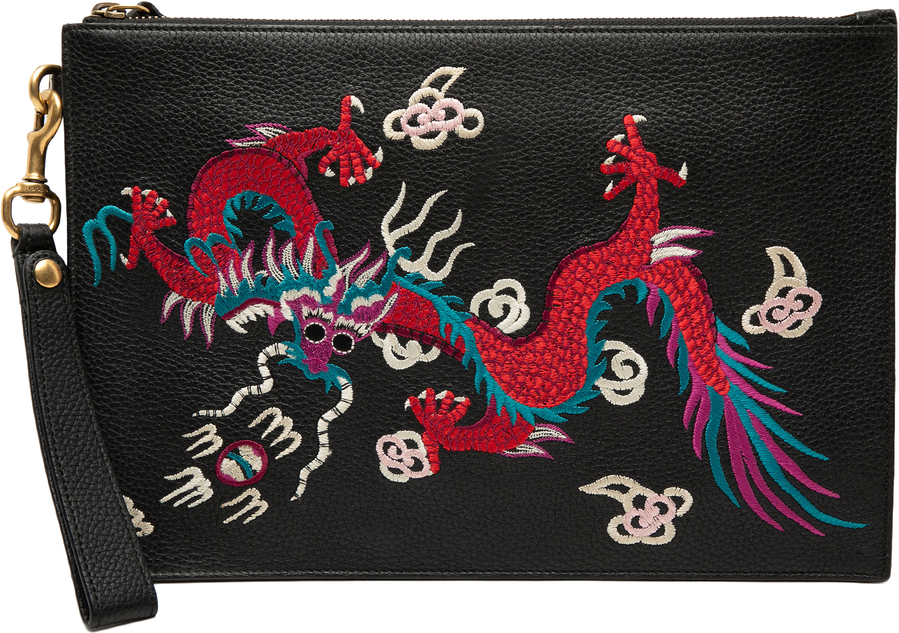 Gucci Leather Dragon Embroidered Zip Pouch, från Luxclusif, i färgen black.