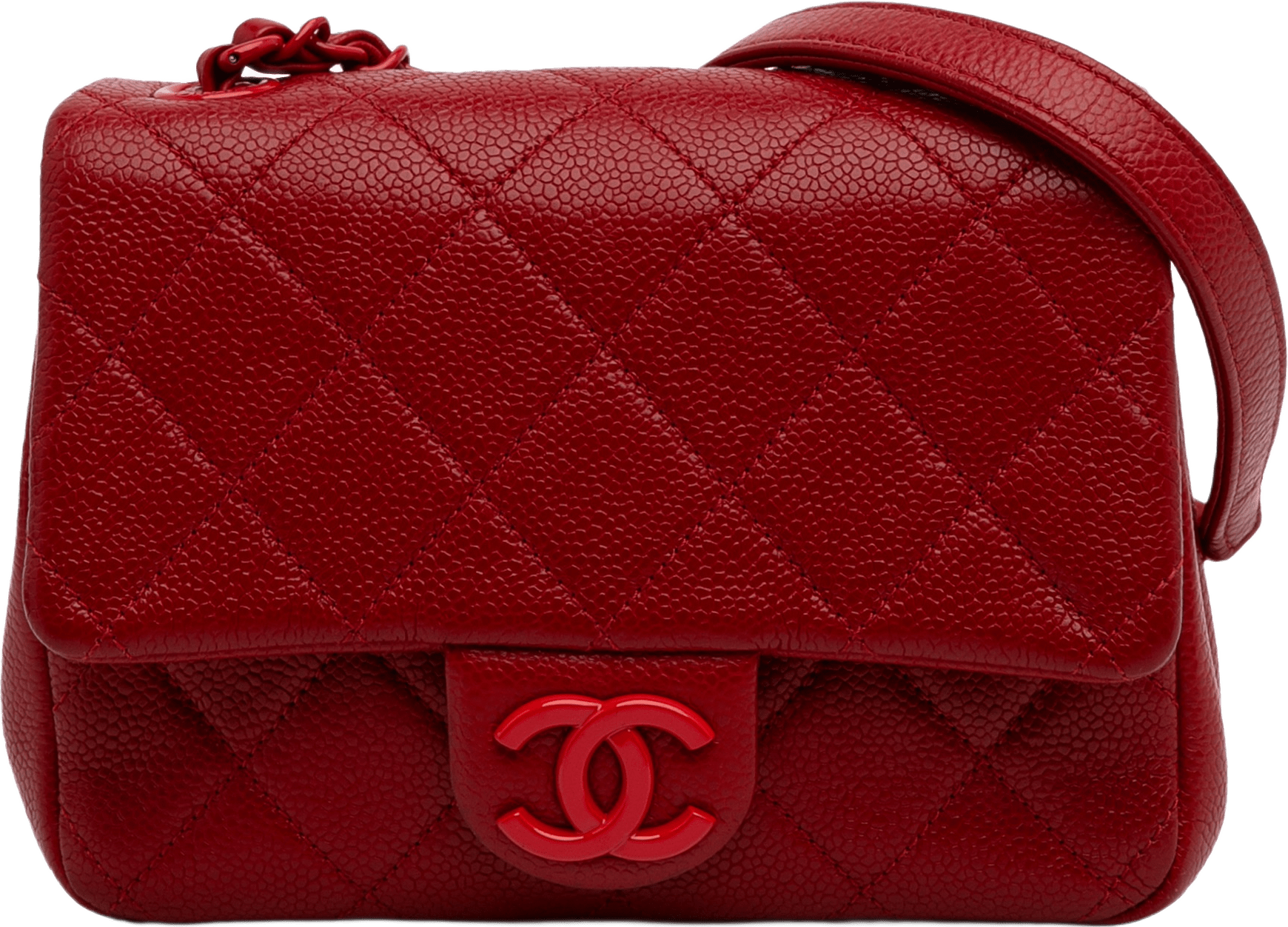 Chanel Mini Square Caviar Incognito Flap, från Luxclusif, i färgen red.