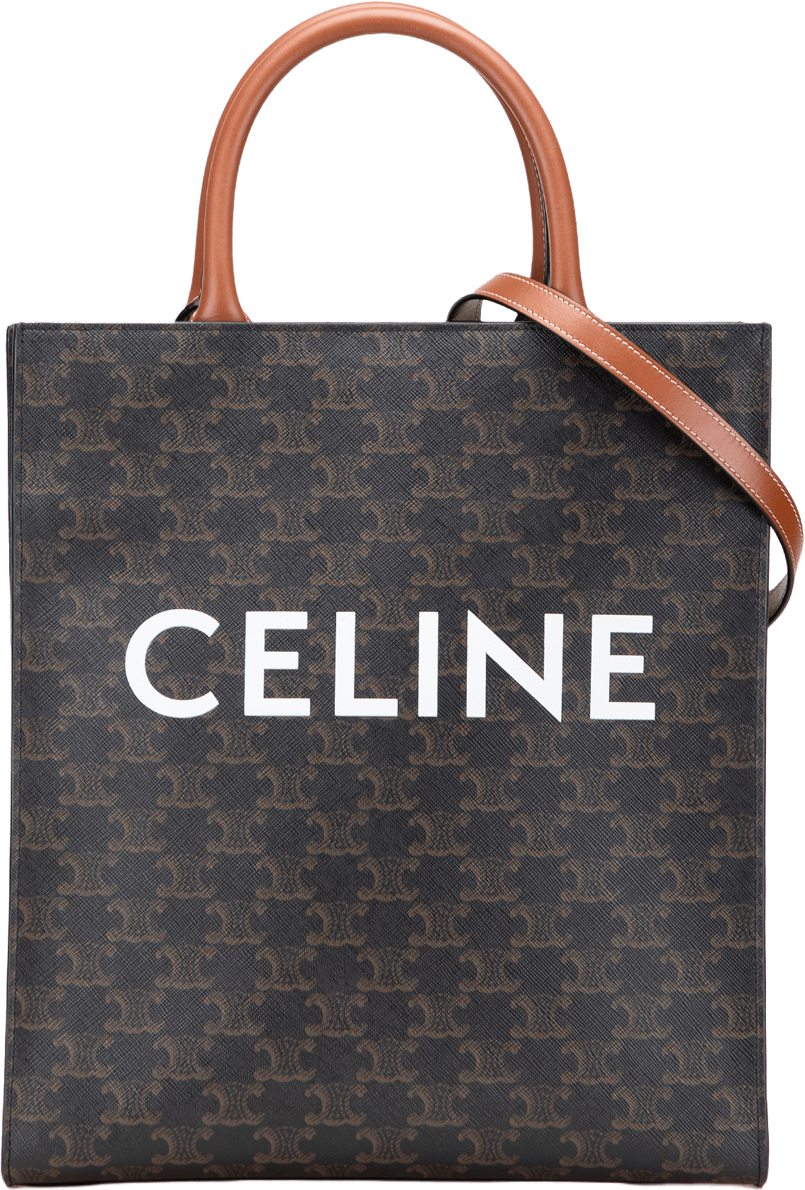 Celine Small Triomphe Coated Canvas Vertical Cabas Tote, från Luxclusif, i färgen dark brown.