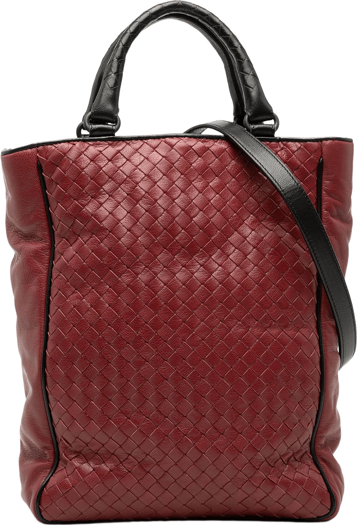 Bottega Veneta Bicolor Nappa Intrecciato Vertical Convertible Satchel, från Luxclusif, i färgen dark red.