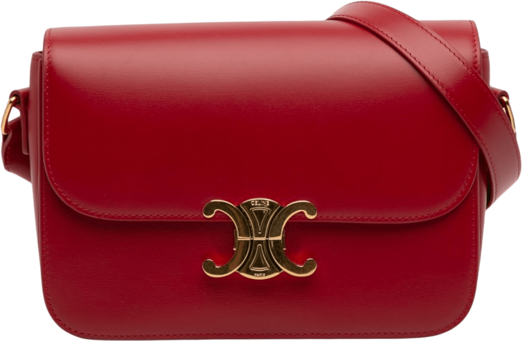 Celine Classique Shiny Calfskin Triomphe Crossbody, från Luxclusif, i färgen red.