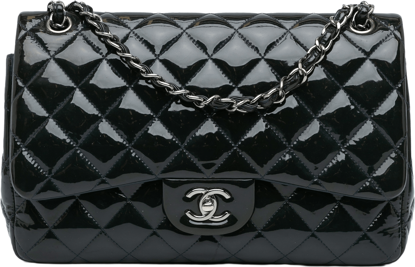 Chanel Jumbo Classic Patent Double Flap, från Luxclusif, i färgen dark blue.