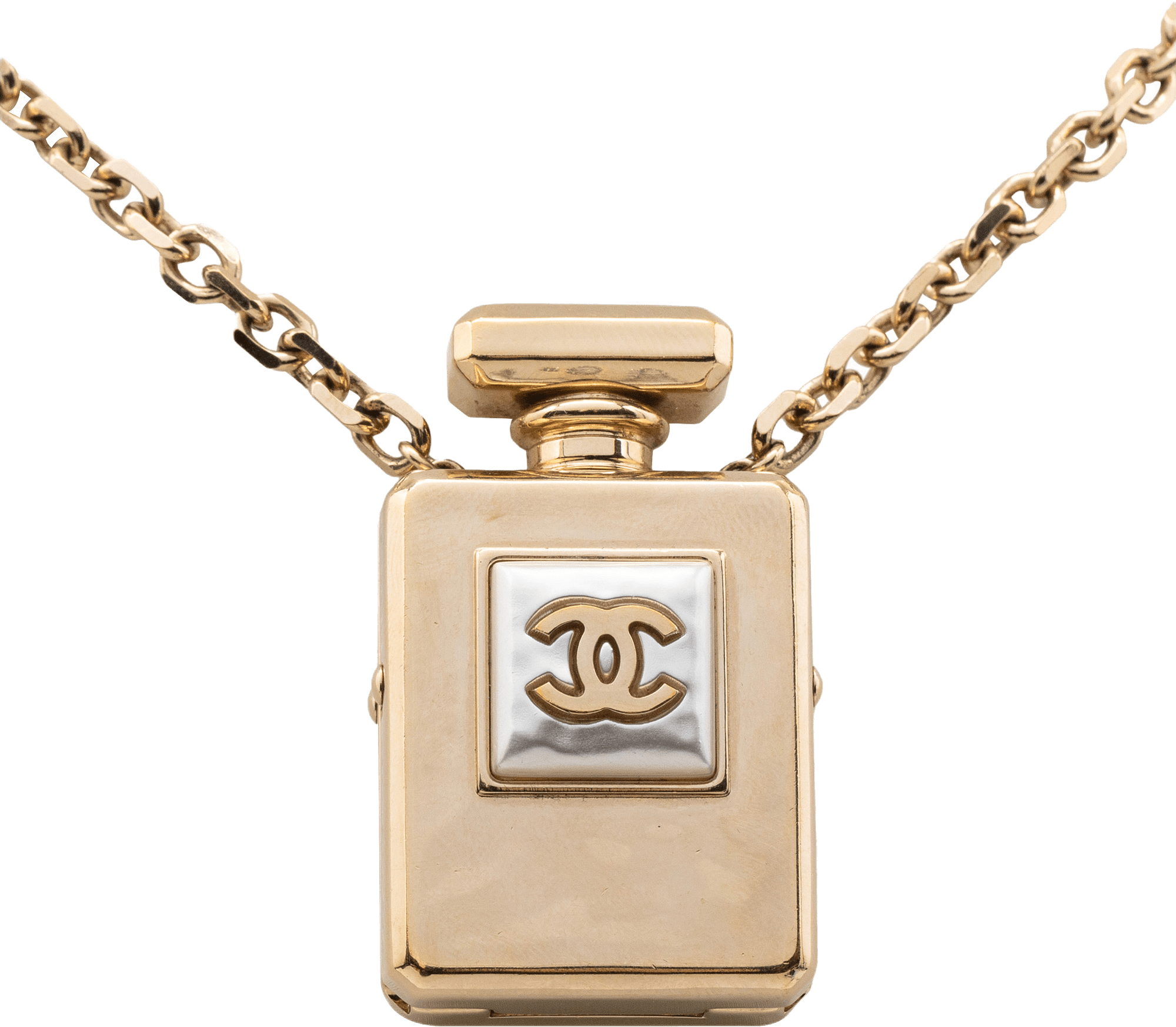 Chanel Cc Gold Plated Perfume Bottle Locket Pendant Necklace, från Luxclusif, i färgen gold.