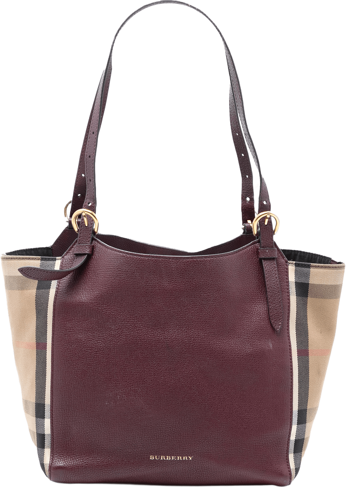 Burberry Small Leather And House Check Canvas Canterbury Tote, från Luxclusif, i färgen burgundy.